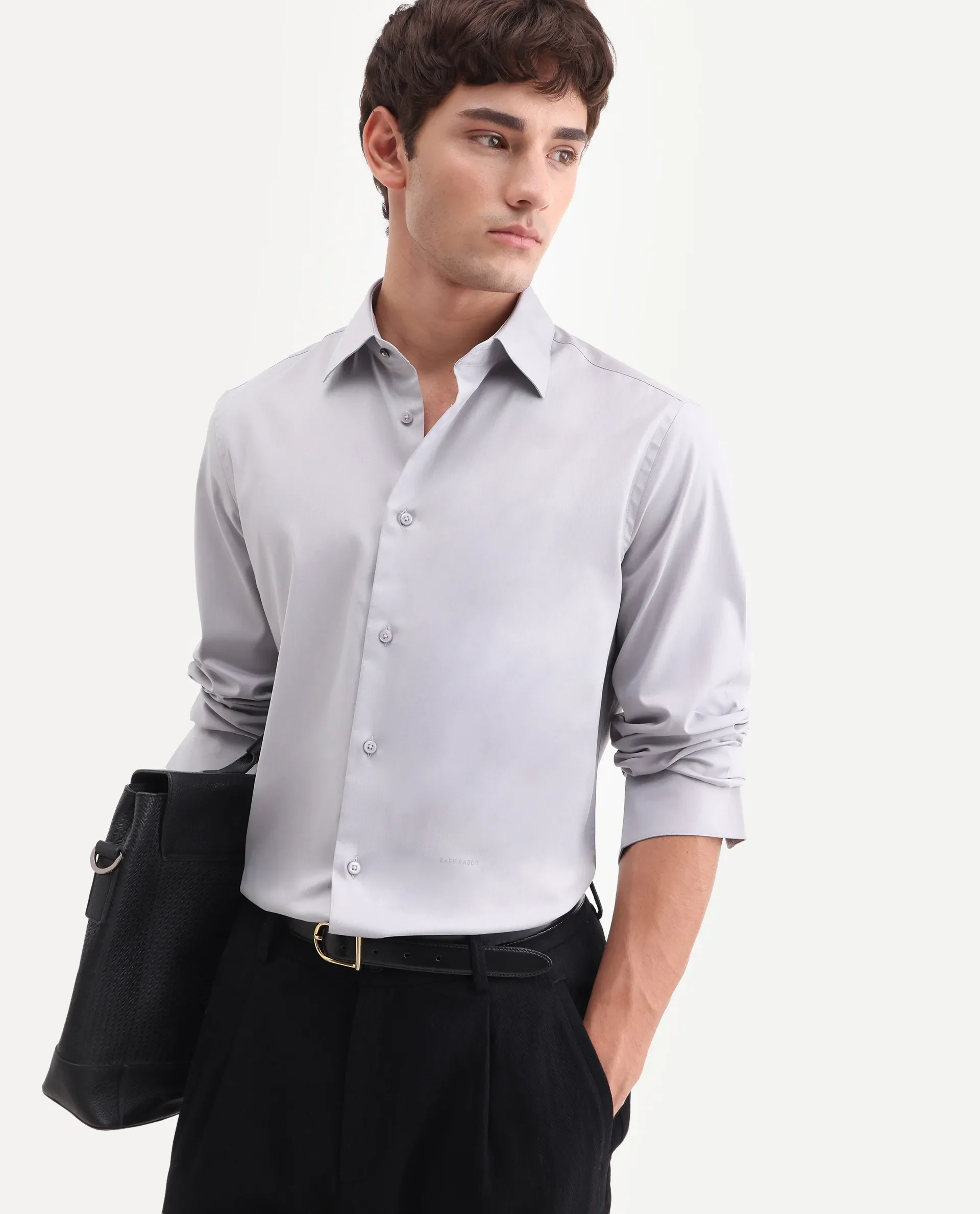Rare Rabbit Men's Vorta Grey Polyester Blend Spread Collar Regular Plain Shirt
