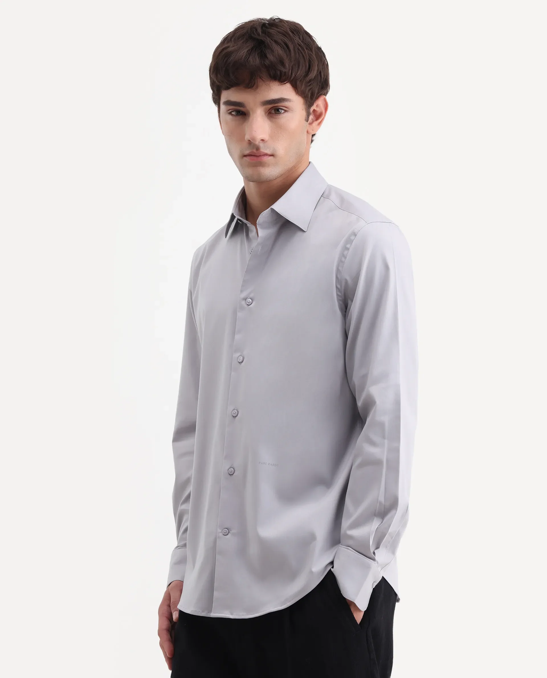 Rare Rabbit Men's Vorta Grey Polyester Blend Spread Collar Regular Plain Shirt - Image 5