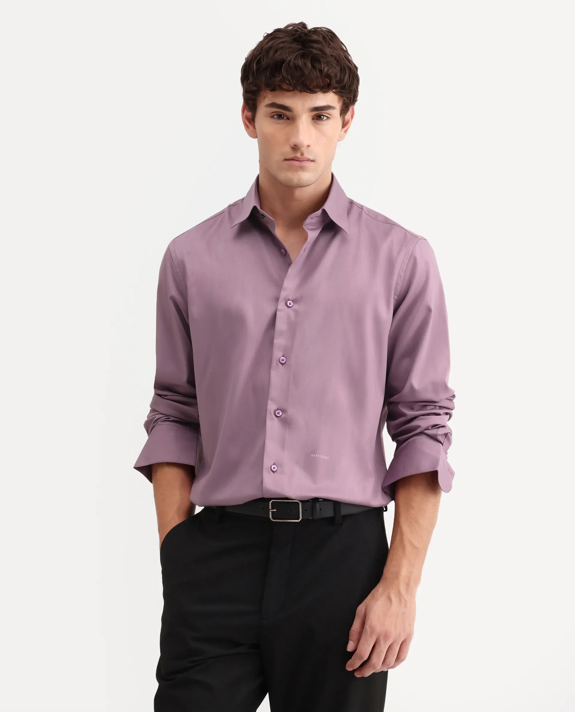 Rare Rabbit Men's Vorta Purple Polyester Blend Spread Collar Regular Plain Shirt - Image 4