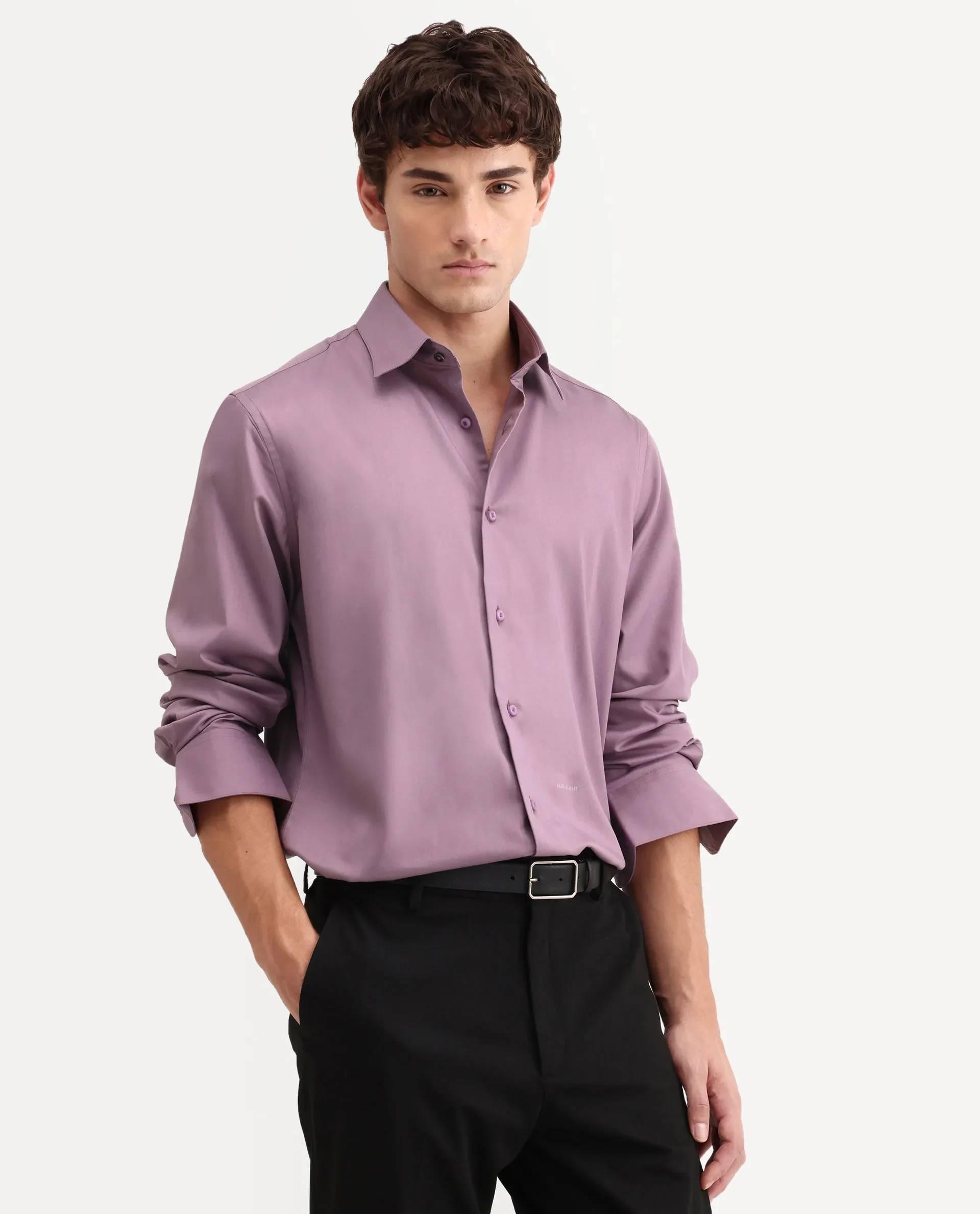 Rare Rabbit Men's Vorta Purple Polyester Blend Spread Collar Regular Plain Shirt - Image 5