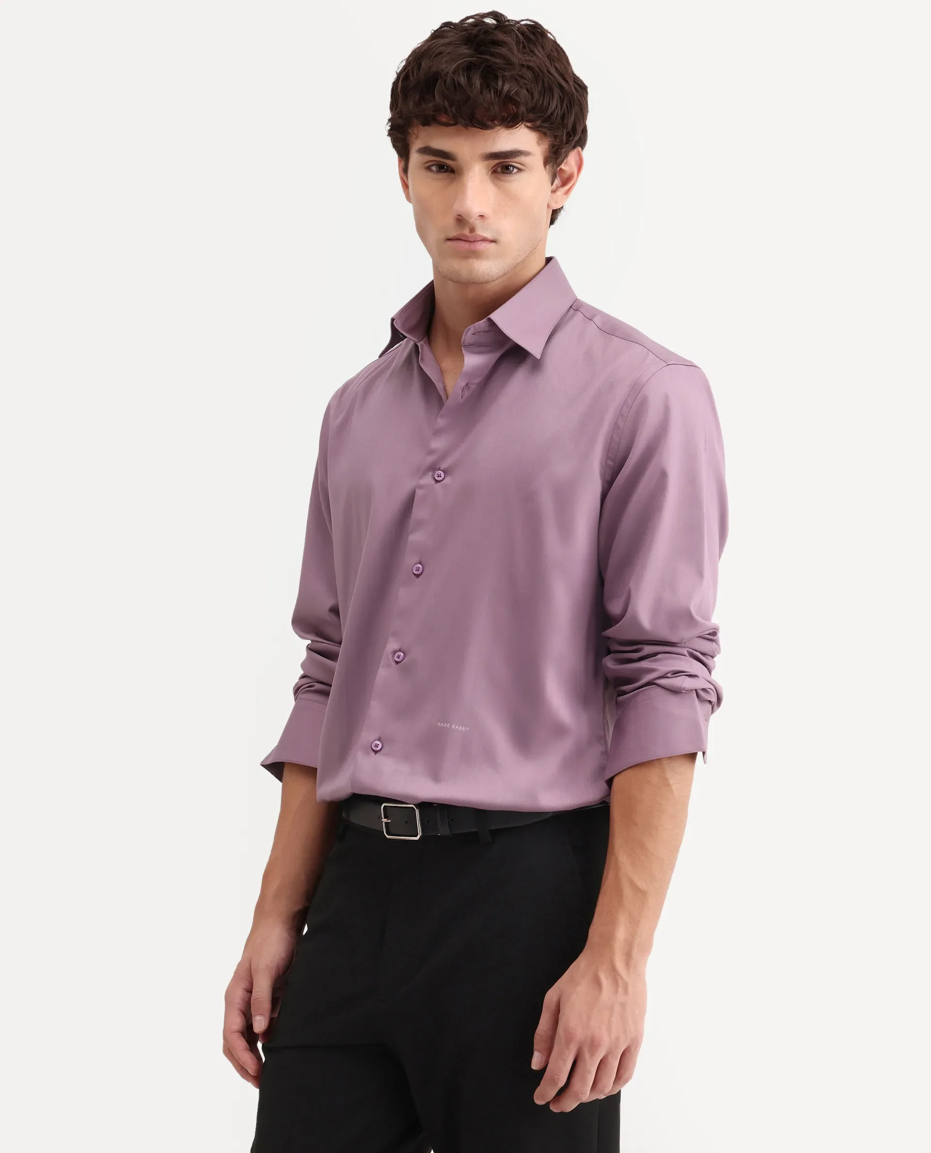 Rare Rabbit Men's Vorta Purple Polyester Blend Spread Collar Regular Plain Shirt - Image 6