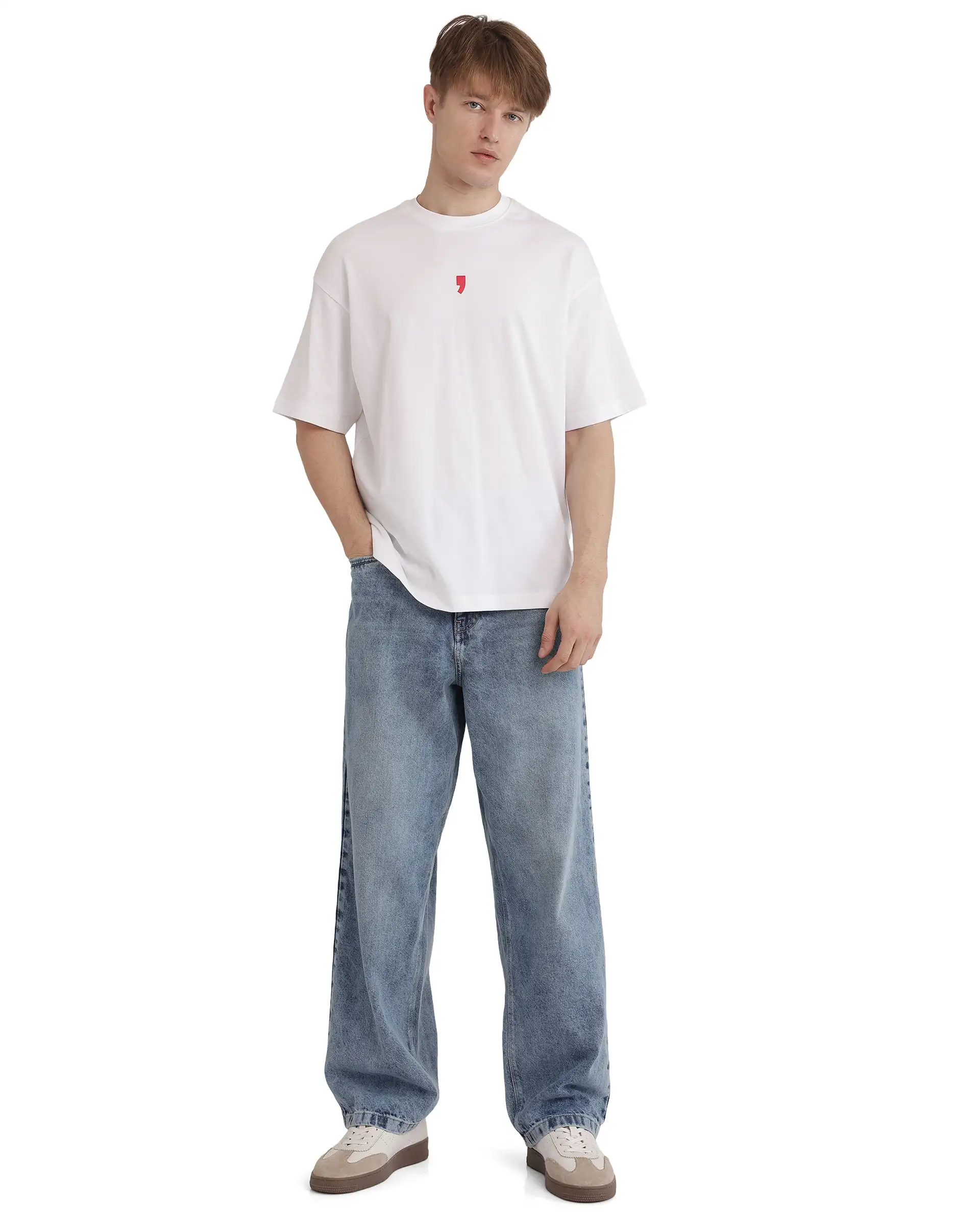Rare Rabbit Men's Voy White Cotton Blend Graphic Print Oversized Fit Half Sleeve Crew Neck T-Shirt - Image 3