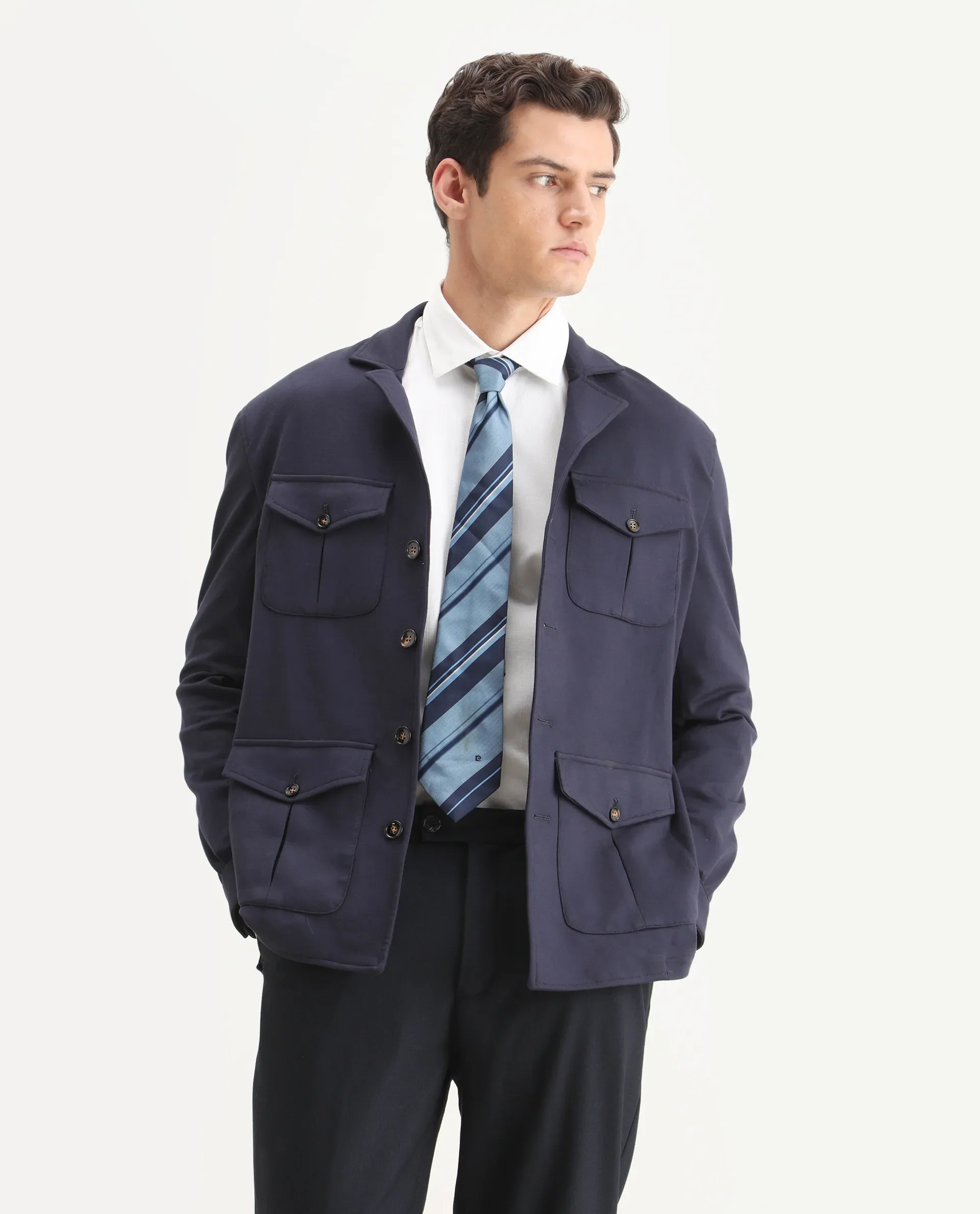 Rare Rabbit Men's Voyage Navy Rayon Plain Tailored Fit Full Sleeve Lapel Neck Blazer