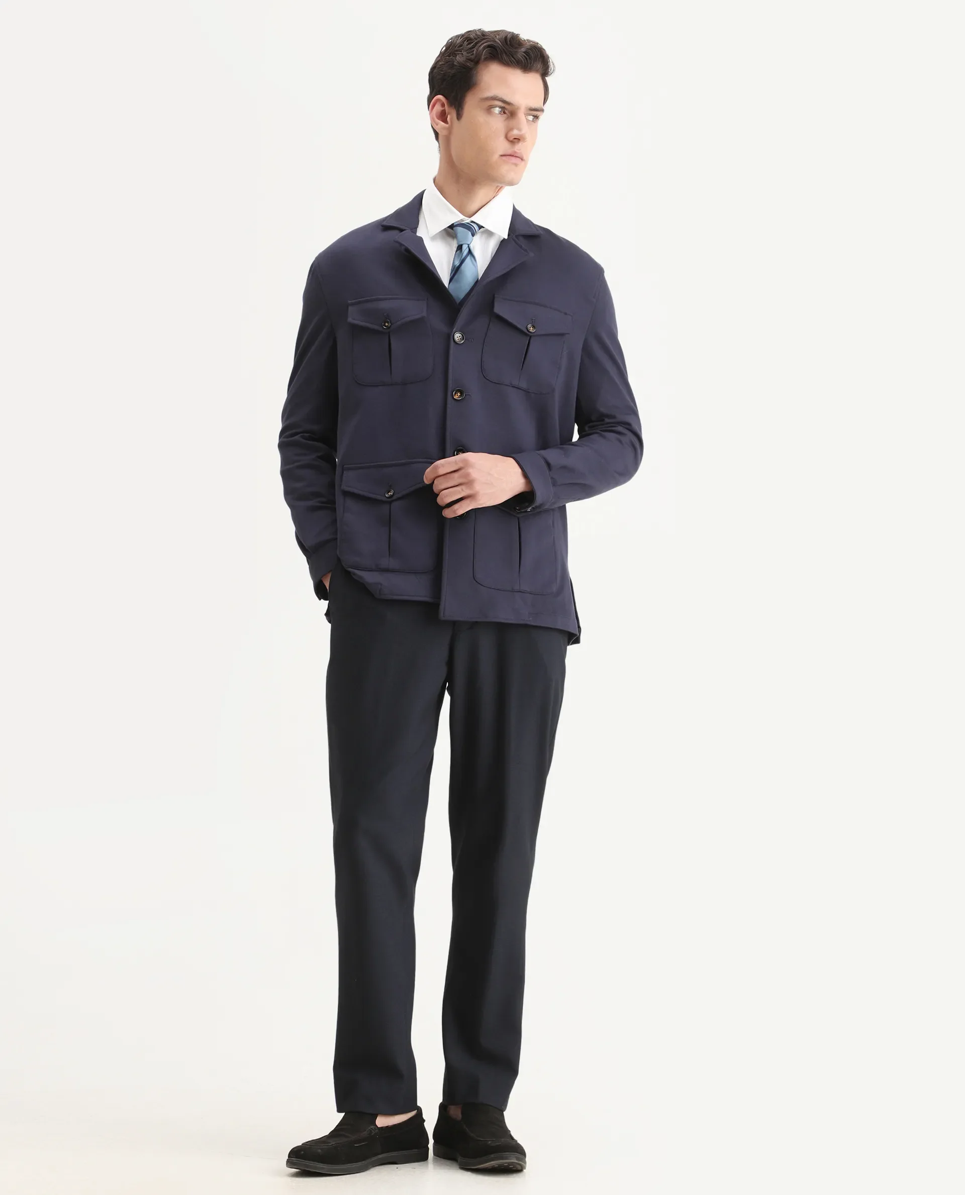 Rare Rabbit Men's Voyage Navy Rayon Plain Tailored Fit Full Sleeve Lapel Neck Blazer - Image 2