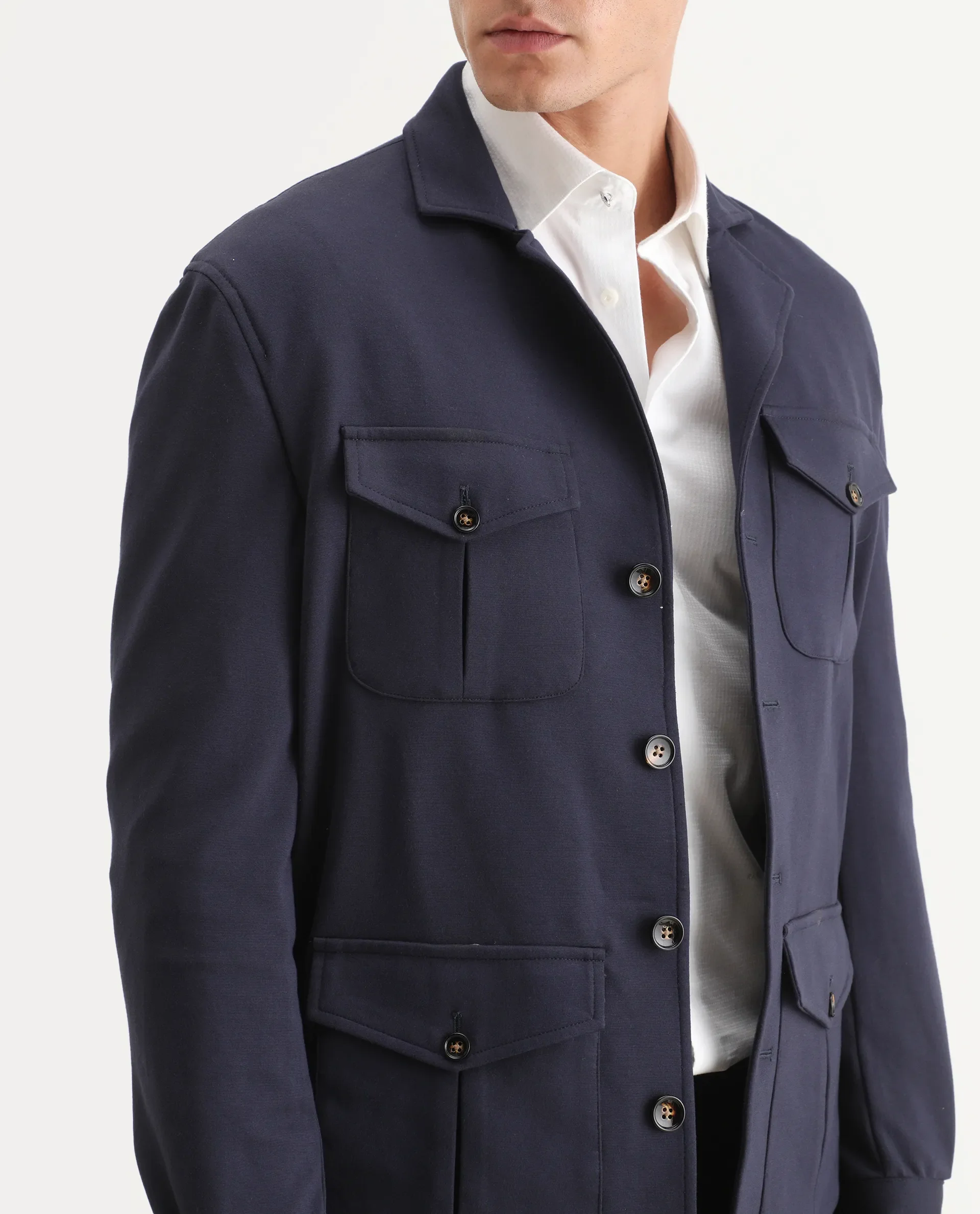 Rare Rabbit Men's Voyage Navy Rayon Plain Tailored Fit Full Sleeve Lapel Neck Blazer - Image 3