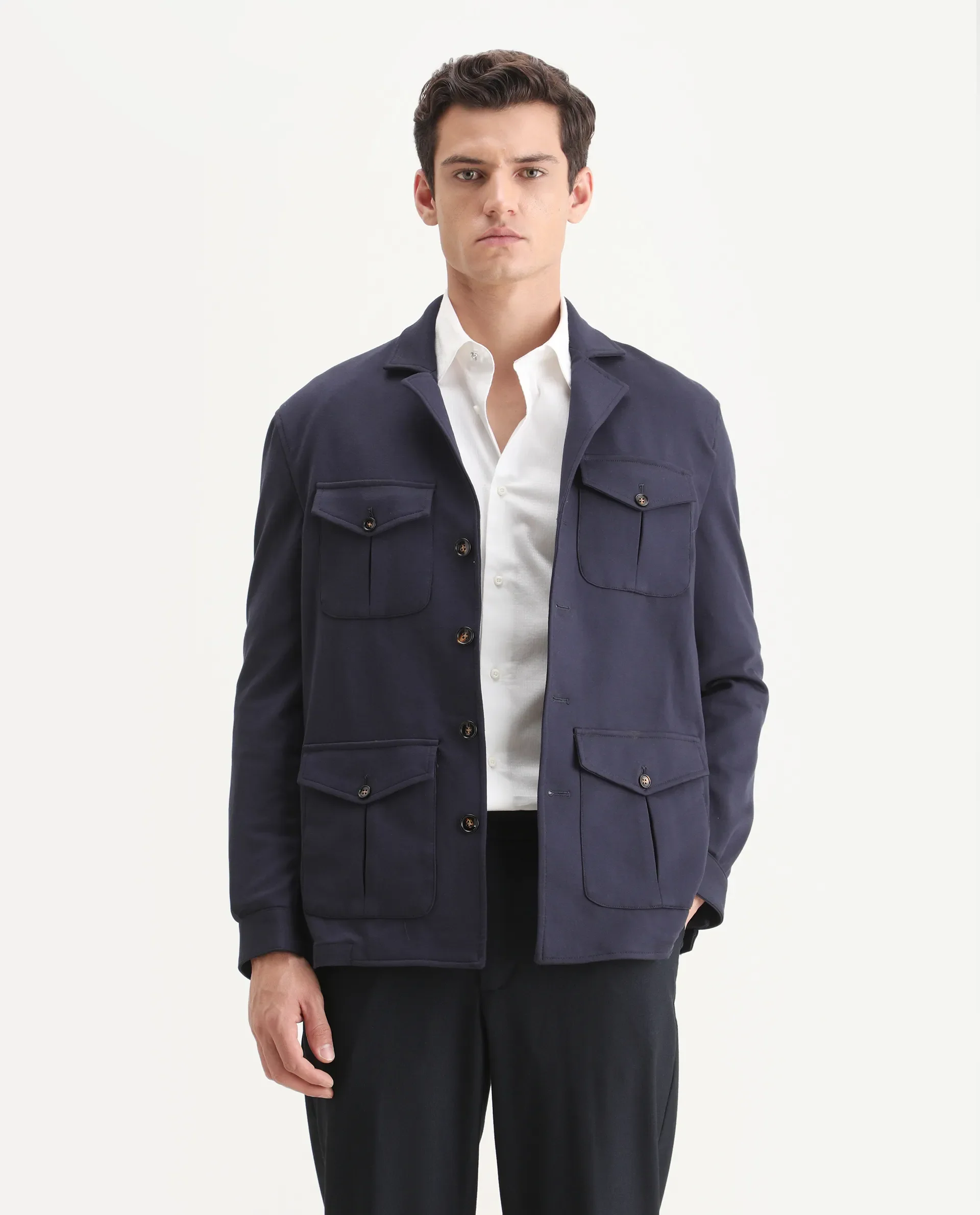 Rare Rabbit Men's Voyage Navy Rayon Plain Tailored Fit Full Sleeve Lapel Neck Blazer - Image 4