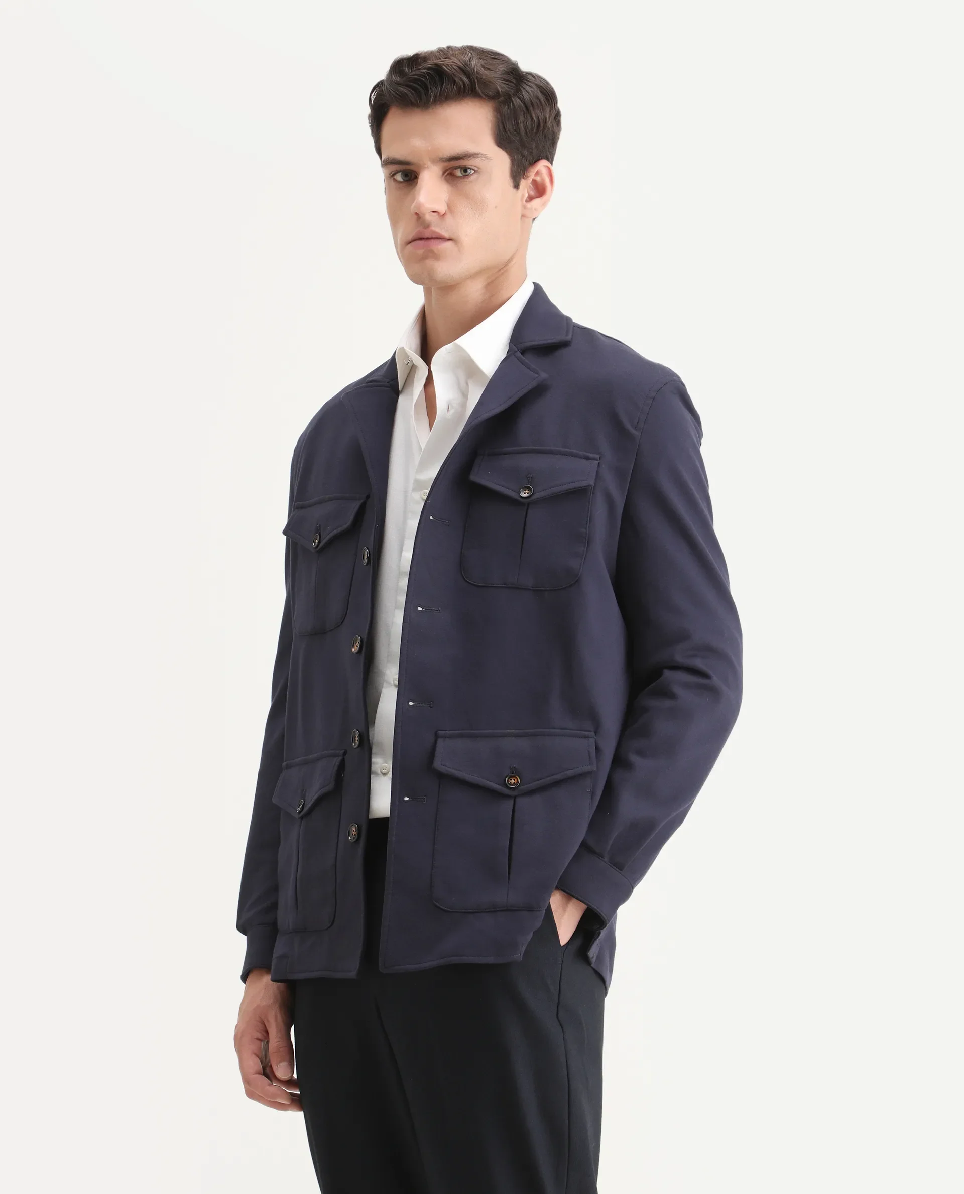 Rare Rabbit Men's Voyage Navy Rayon Plain Tailored Fit Full Sleeve Lapel Neck Blazer - Image 5