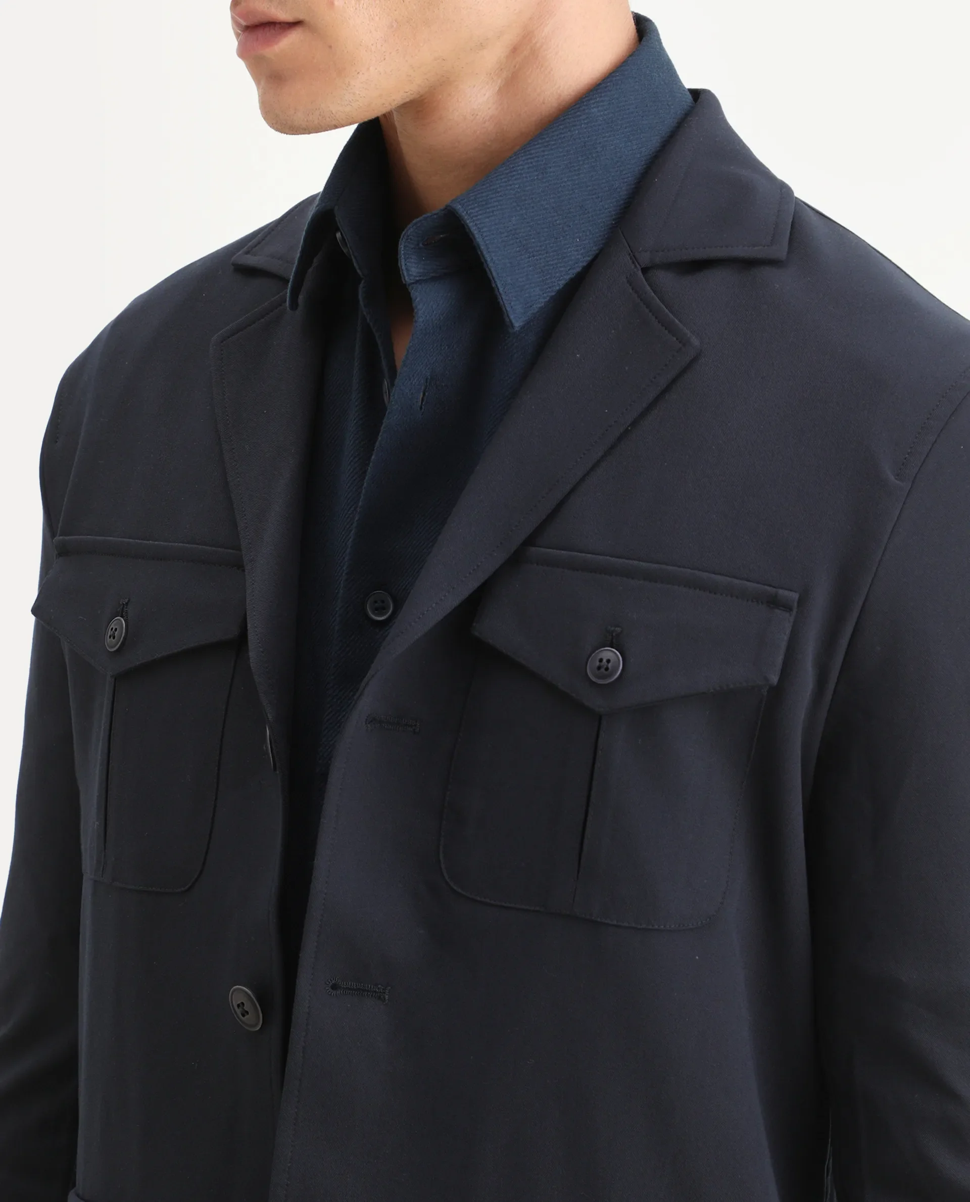 Rare Rabbit Men's Voyage Dark Navy Polyester Plain Tailored Fit Full Sleeve Lapel Neck Jacket - Image 3