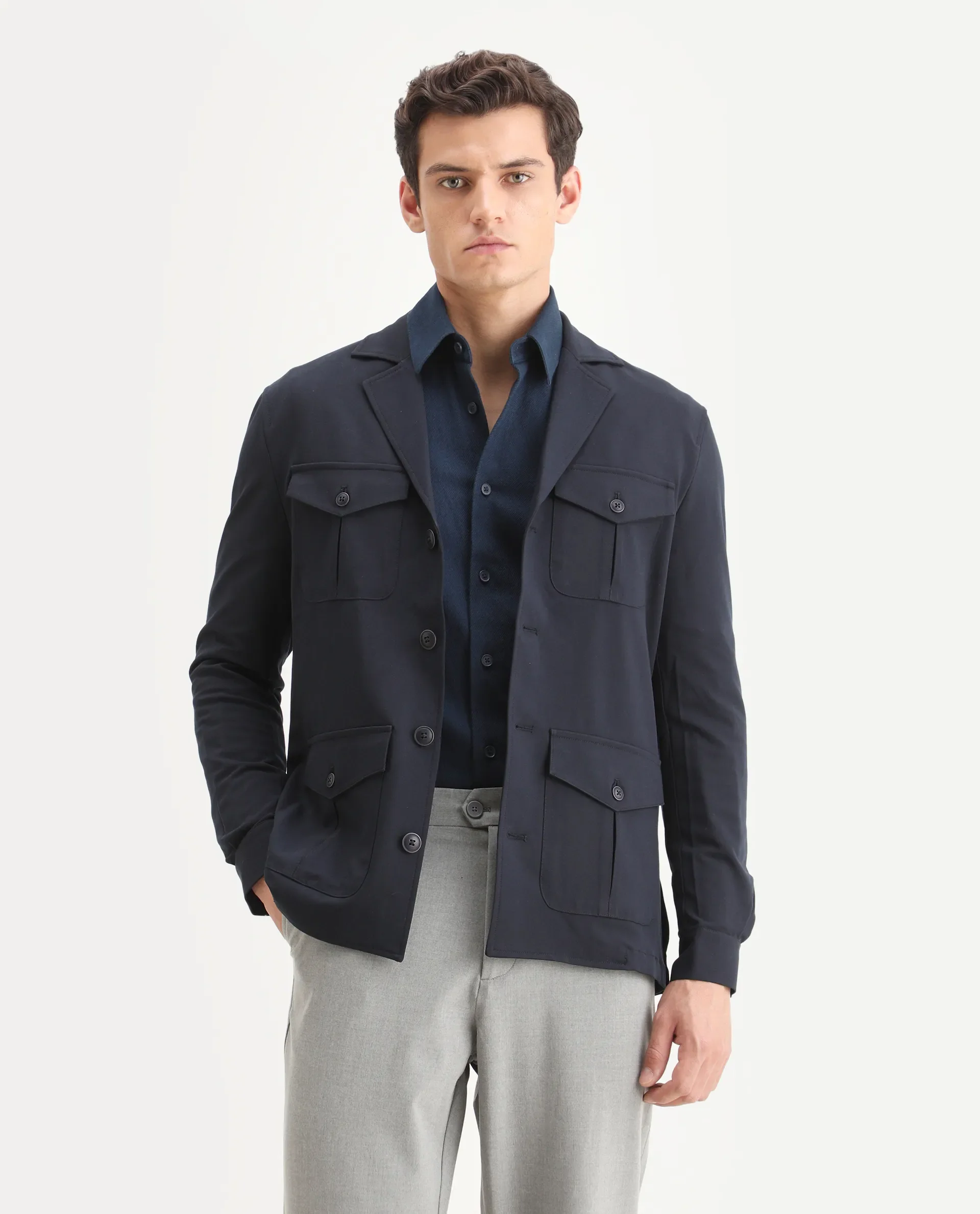 Rare Rabbit Men's Voyage Dark Navy Polyester Plain Tailored Fit Full Sleeve Lapel Neck Jacket - Image 4