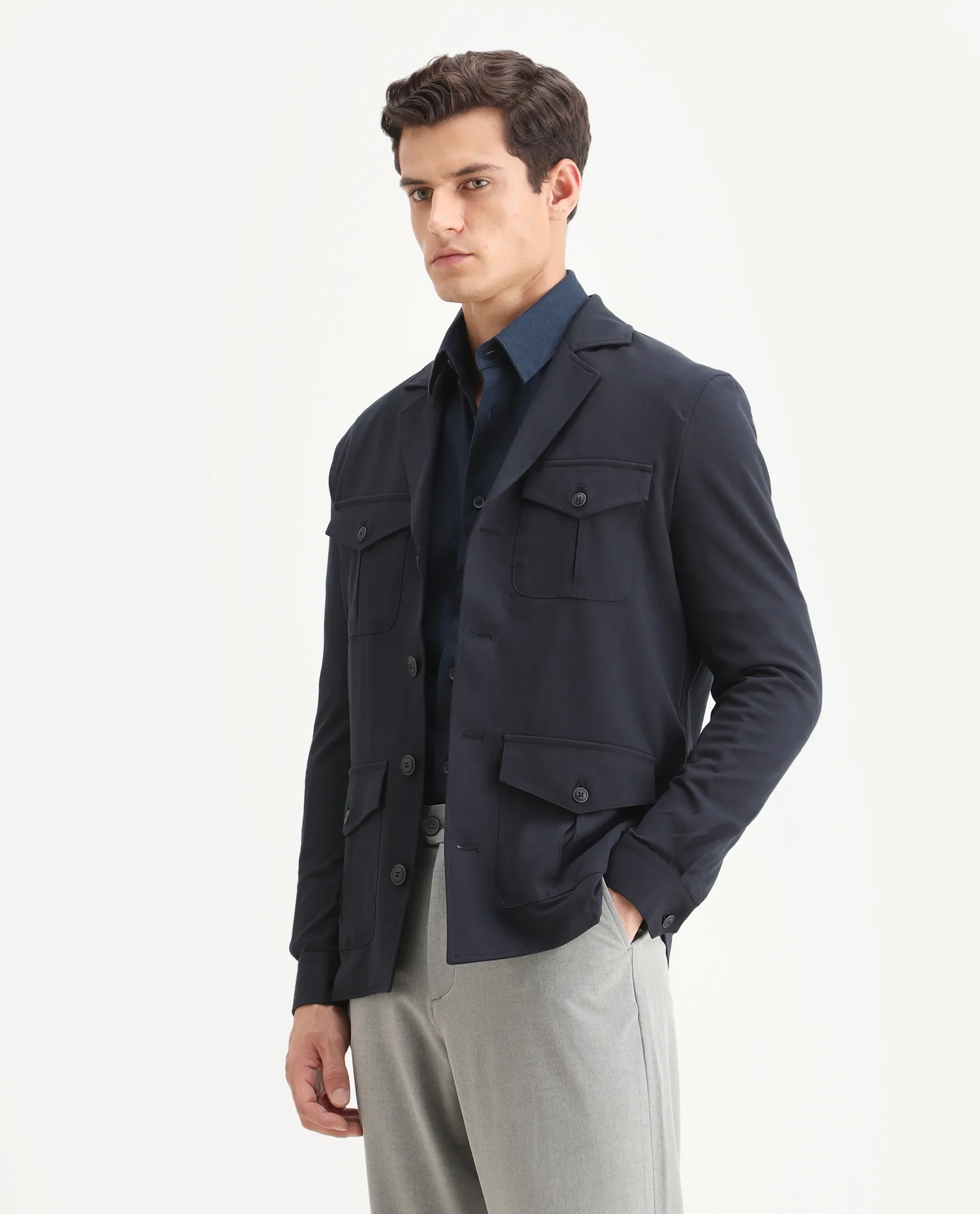 Rare Rabbit Men's Voyage Dark Navy Polyester Plain Tailored Fit Full Sleeve Lapel Neck Jacket - Image 5