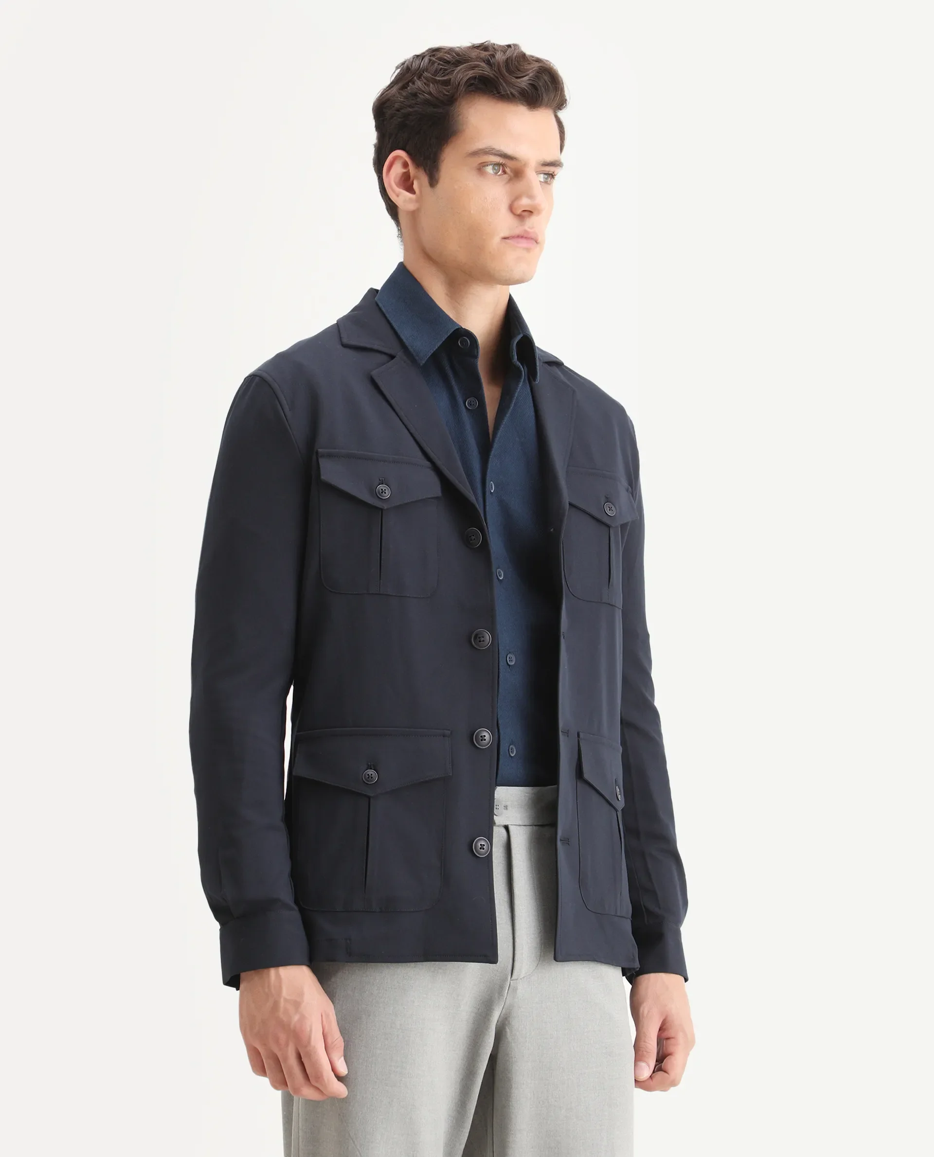 Rare Rabbit Men's Voyage Dark Navy Polyester Plain Tailored Fit Full Sleeve Lapel Neck Jacket - Image 6
