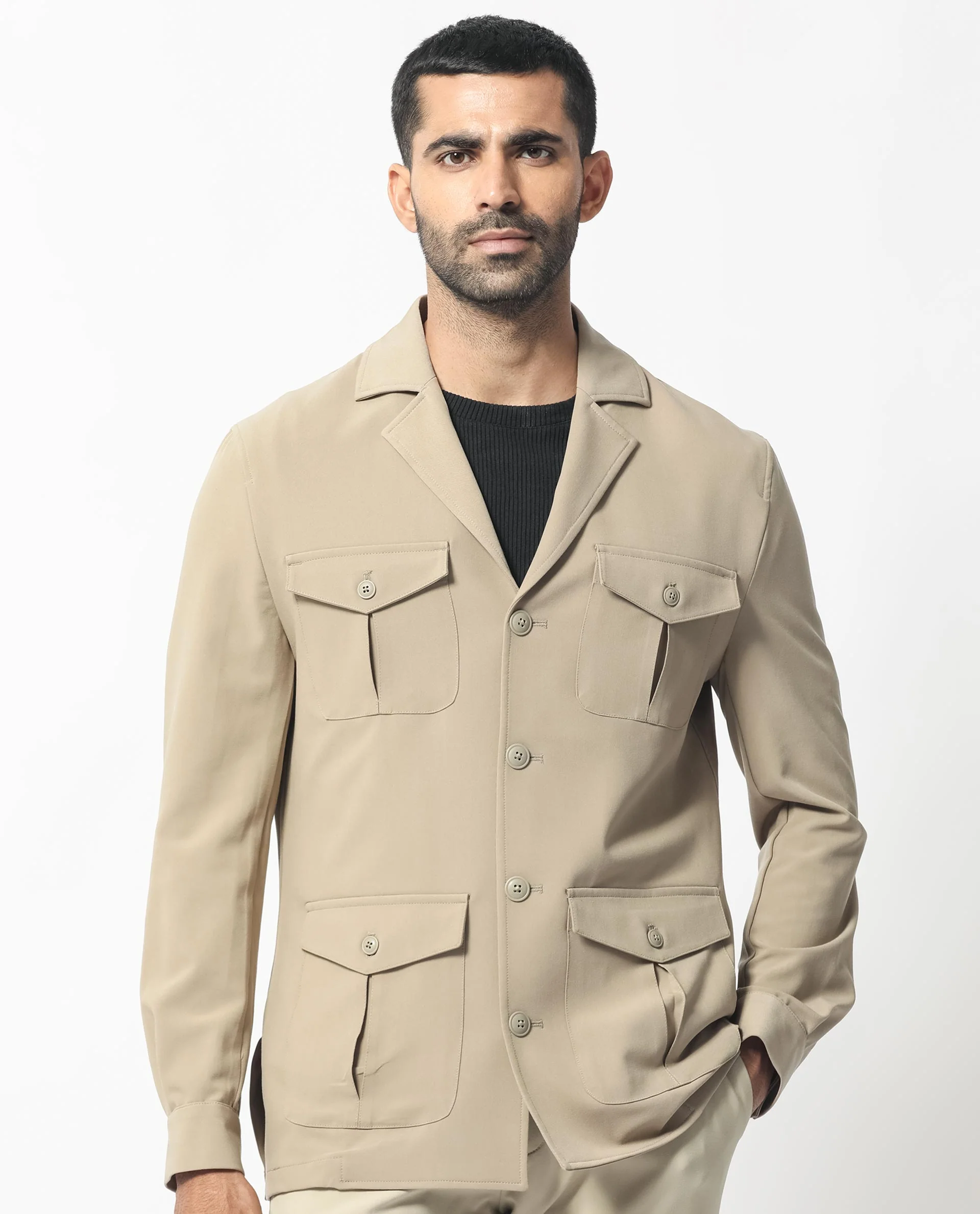 Rare Rabbit Men's Voyage Light Khaki Polyester Plain Tailored Fit Full Sleeve Lapel Neck Jacket - Image 2