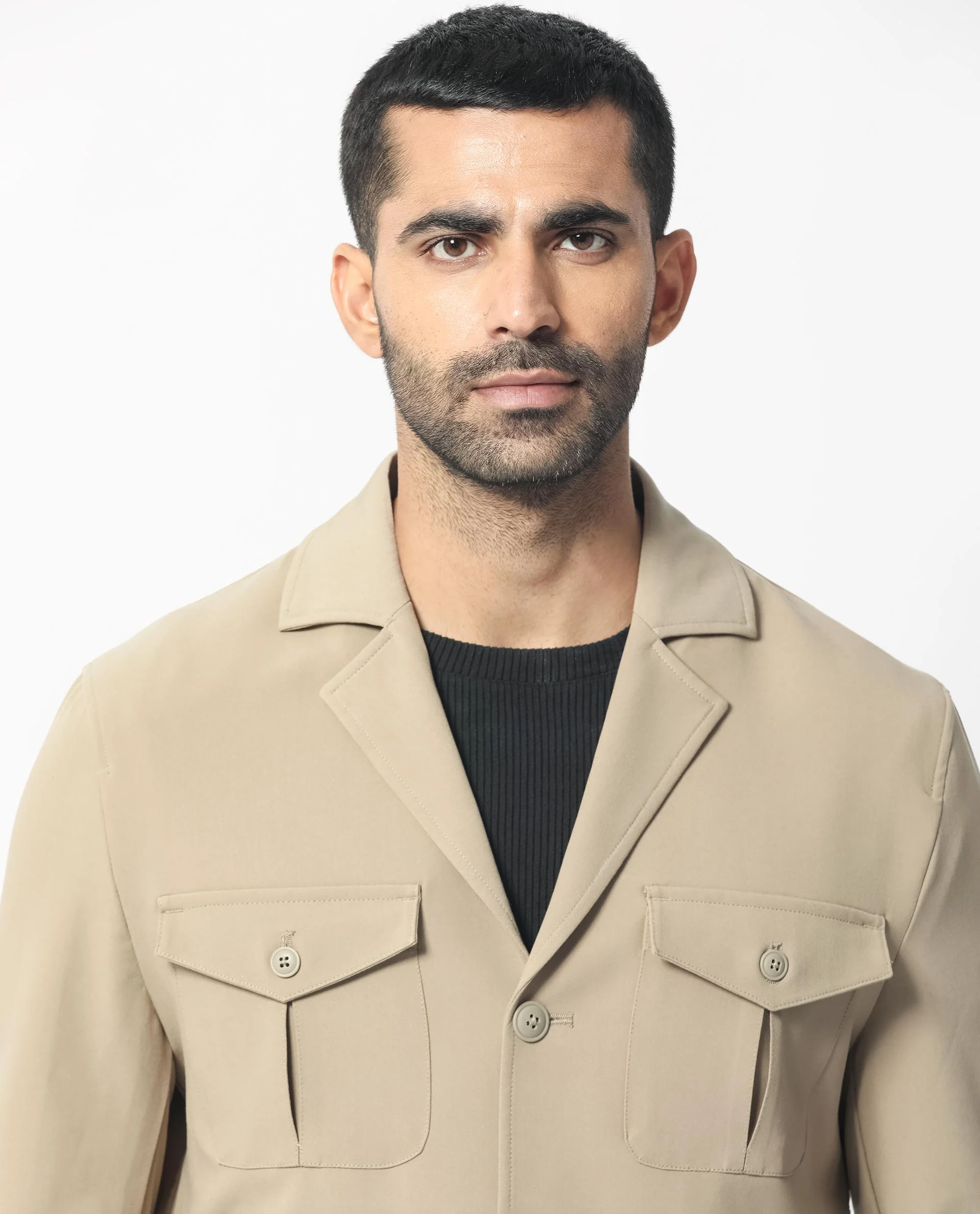 Rare Rabbit Men's Voyage Light Khaki Polyester Plain Tailored Fit Full Sleeve Lapel Neck Jacket - Image 3
