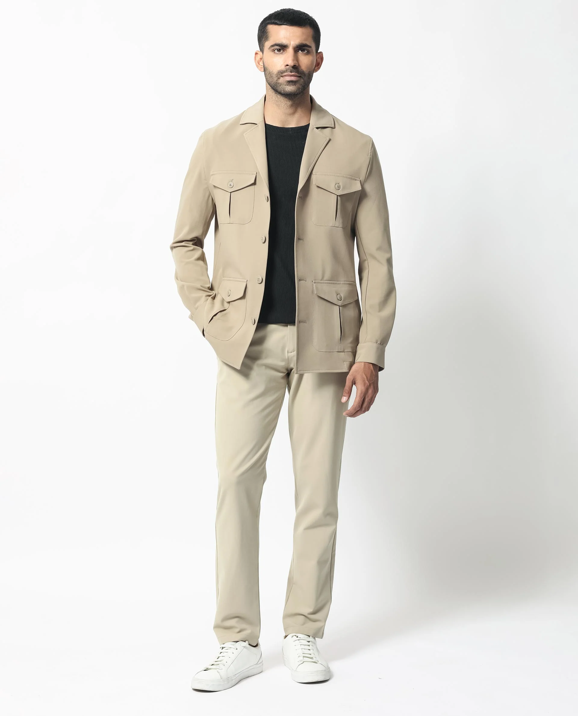 Rare Rabbit Men's Voyage Light Khaki Polyester Plain Tailored Fit Full Sleeve Lapel Neck Jacket - Image 5