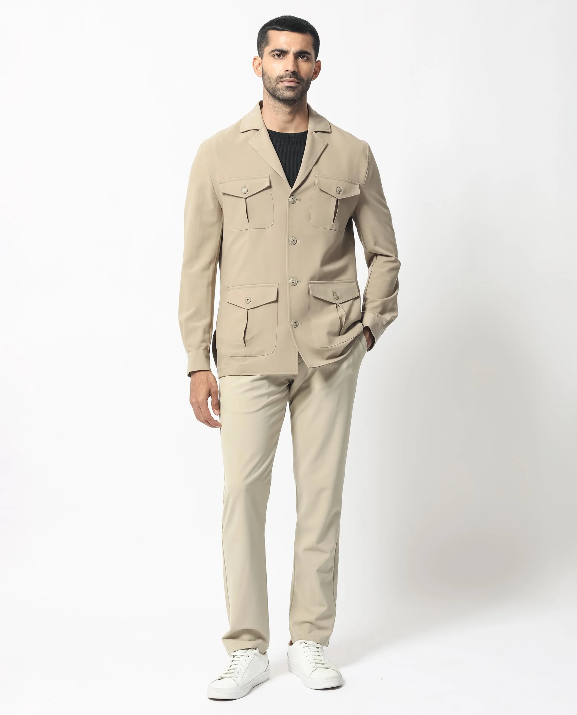 Rare Rabbit Men's Voyage Light Khaki Polyester Plain Tailored Fit Full Sleeve Lapel Neck Jacket - Image 6