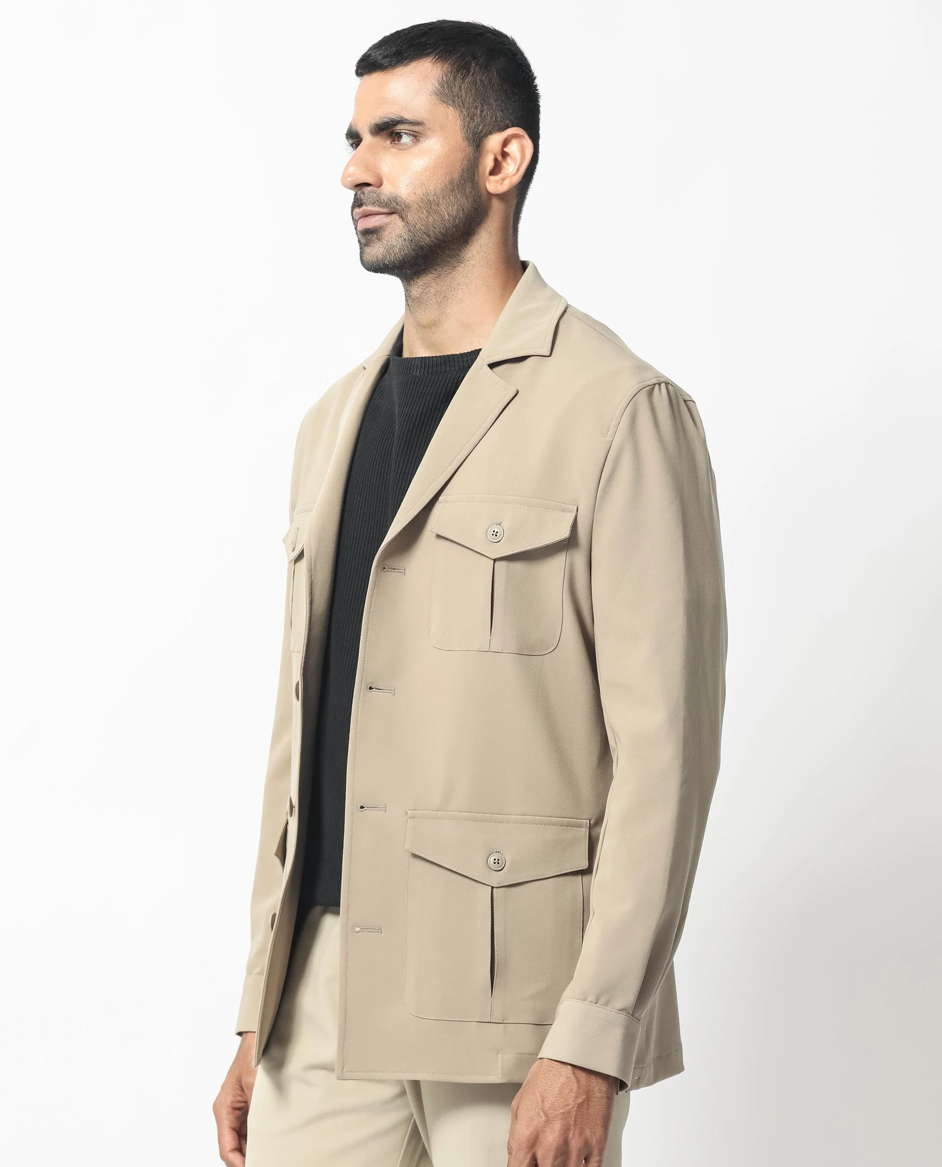 Rare Rabbit Men's Voyage Light Khaki Polyester Plain Tailored Fit Full Sleeve Lapel Neck Jacket - Image 7