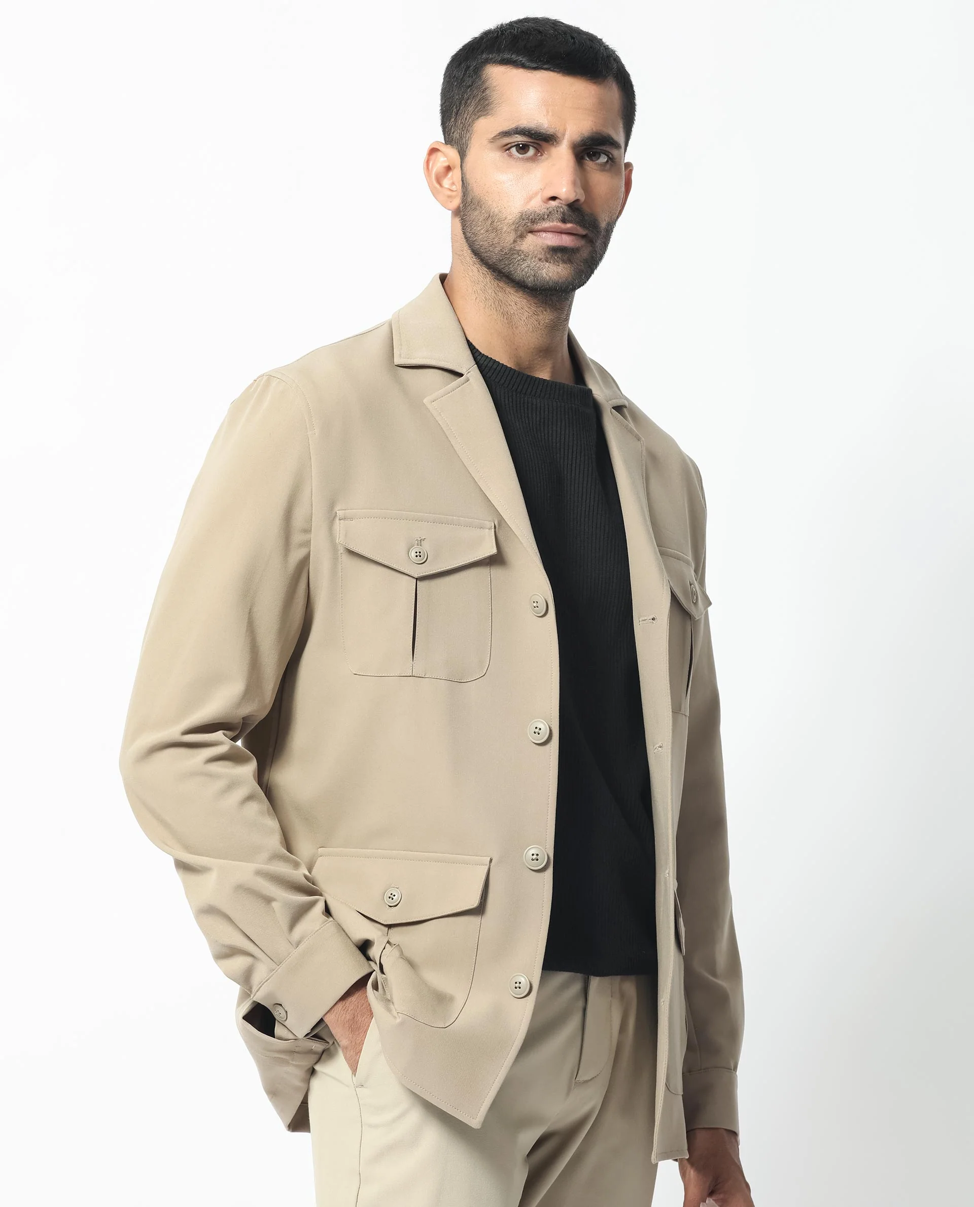 Rare Rabbit Men's Voyage Light Khaki Polyester Plain Tailored Fit Full Sleeve Lapel Neck Jacket - Image 8