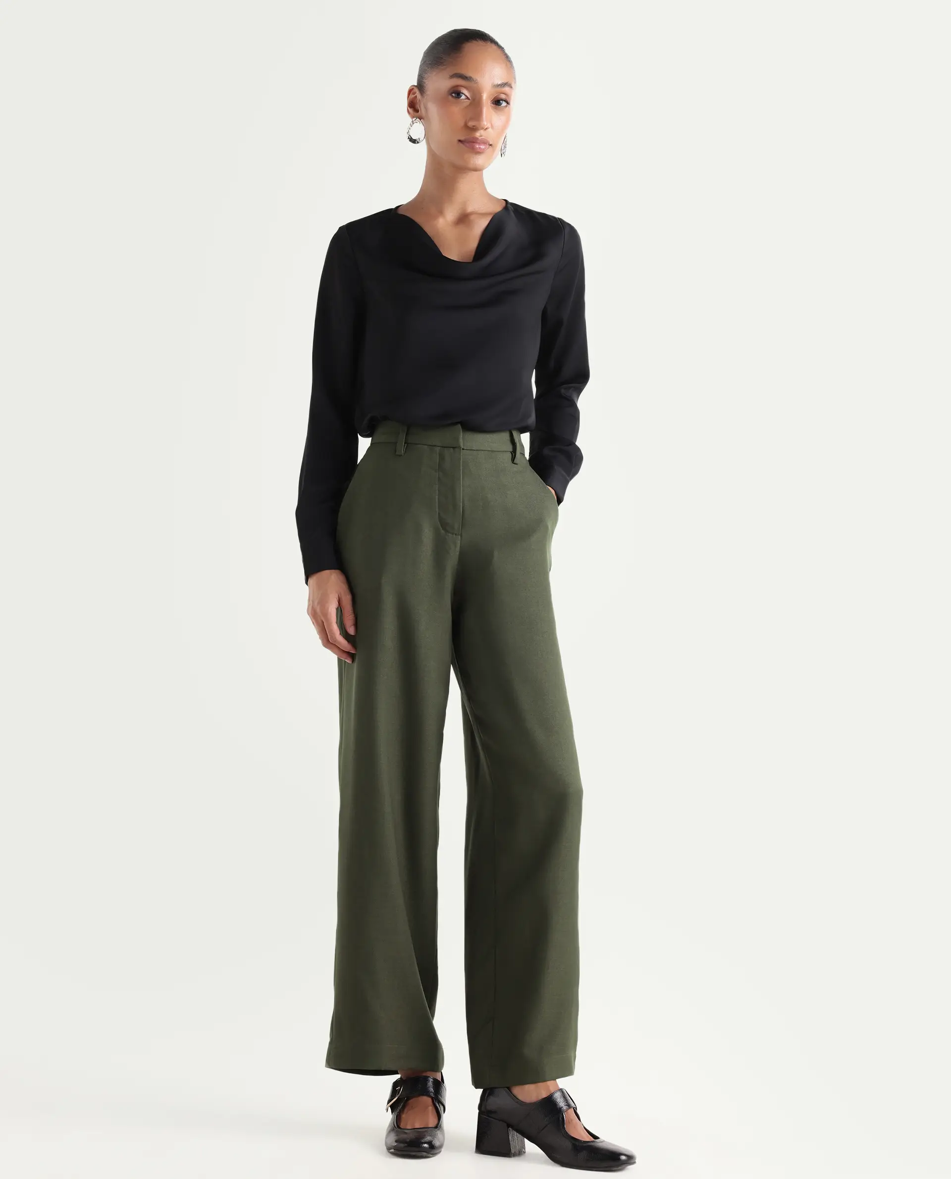Rareism Women's Vrait Olive Polyester Straight Plain Trouser - Image 2