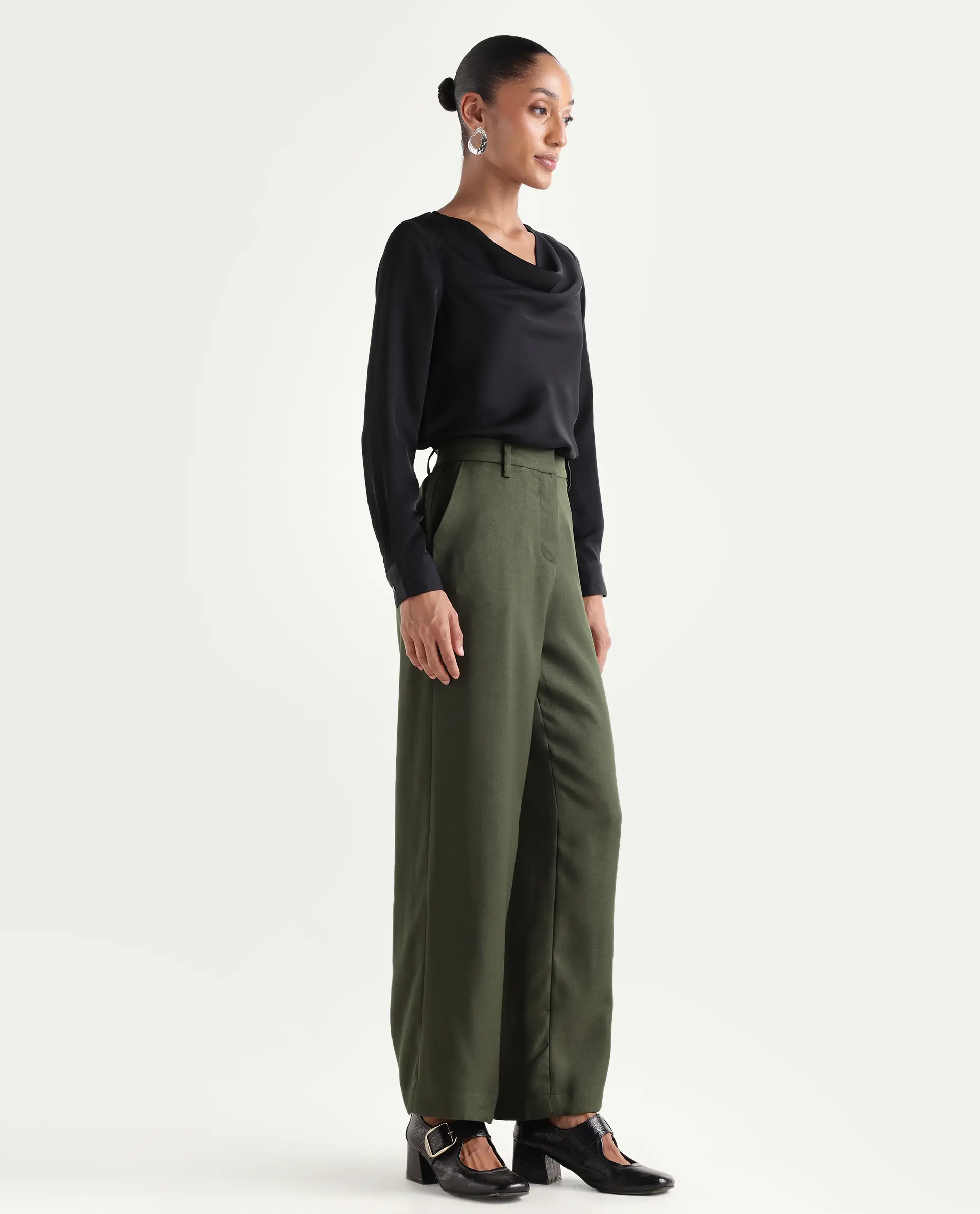 Rareism Women's Vrait Olive Polyester Straight Plain Trouser - Image 5