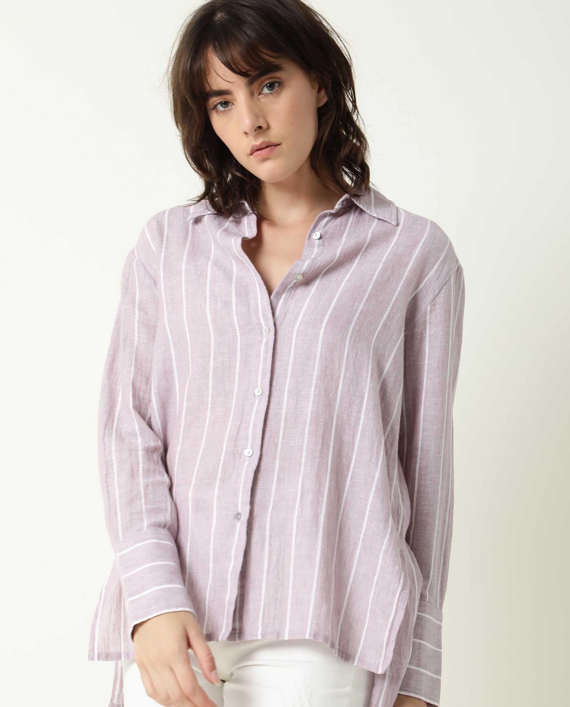 Rareism Women's Vrish Purple Linen Spread Collar Striped Cuffed Sleeve Relaxed Fit Top - Image 2