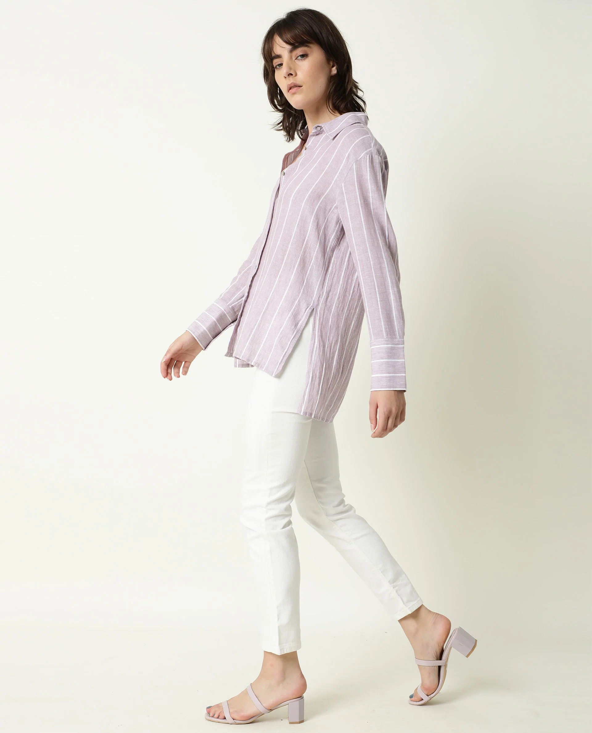 Rareism Women's Vrish Purple Linen Spread Collar Striped Cuffed Sleeve Relaxed Fit Top - Image 3
