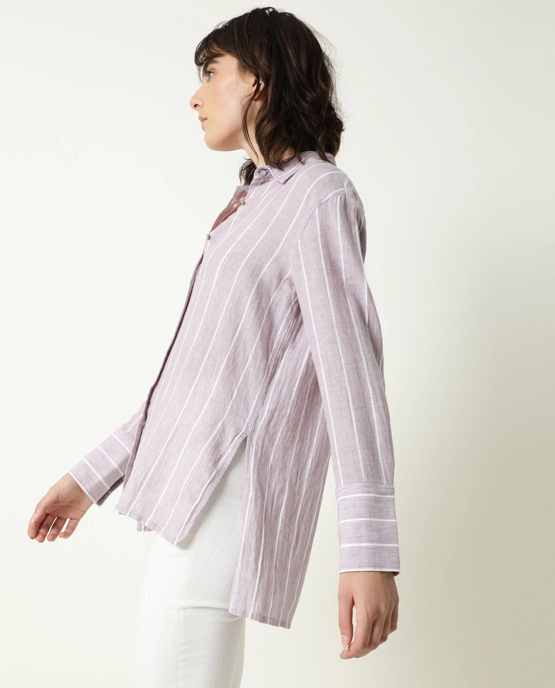 Rareism Women's Vrish Purple Linen Spread Collar Striped Cuffed Sleeve Relaxed Fit Top - Image 5