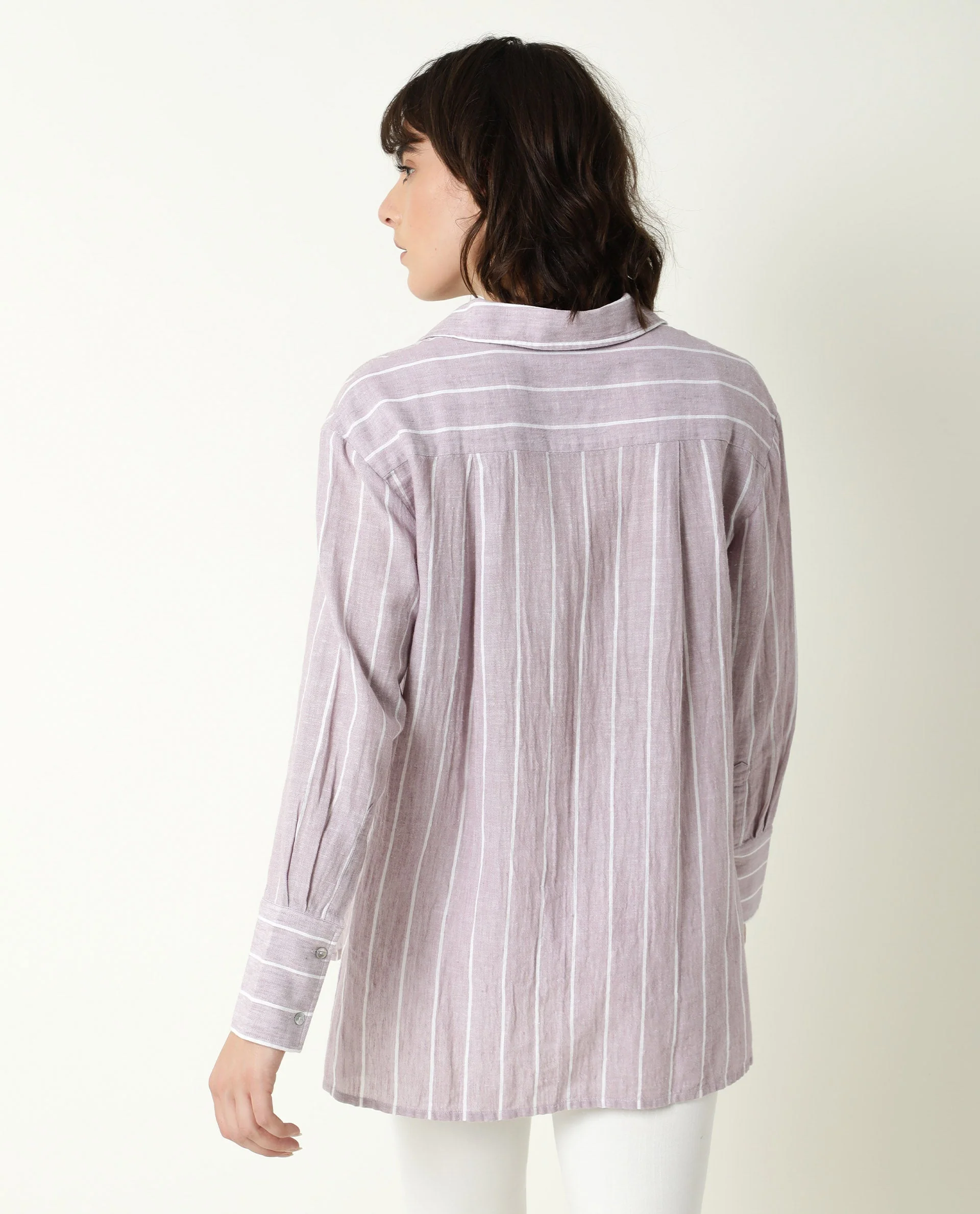 Rareism Women's Vrish Purple Linen Spread Collar Striped Cuffed Sleeve Relaxed Fit Top - Image 6