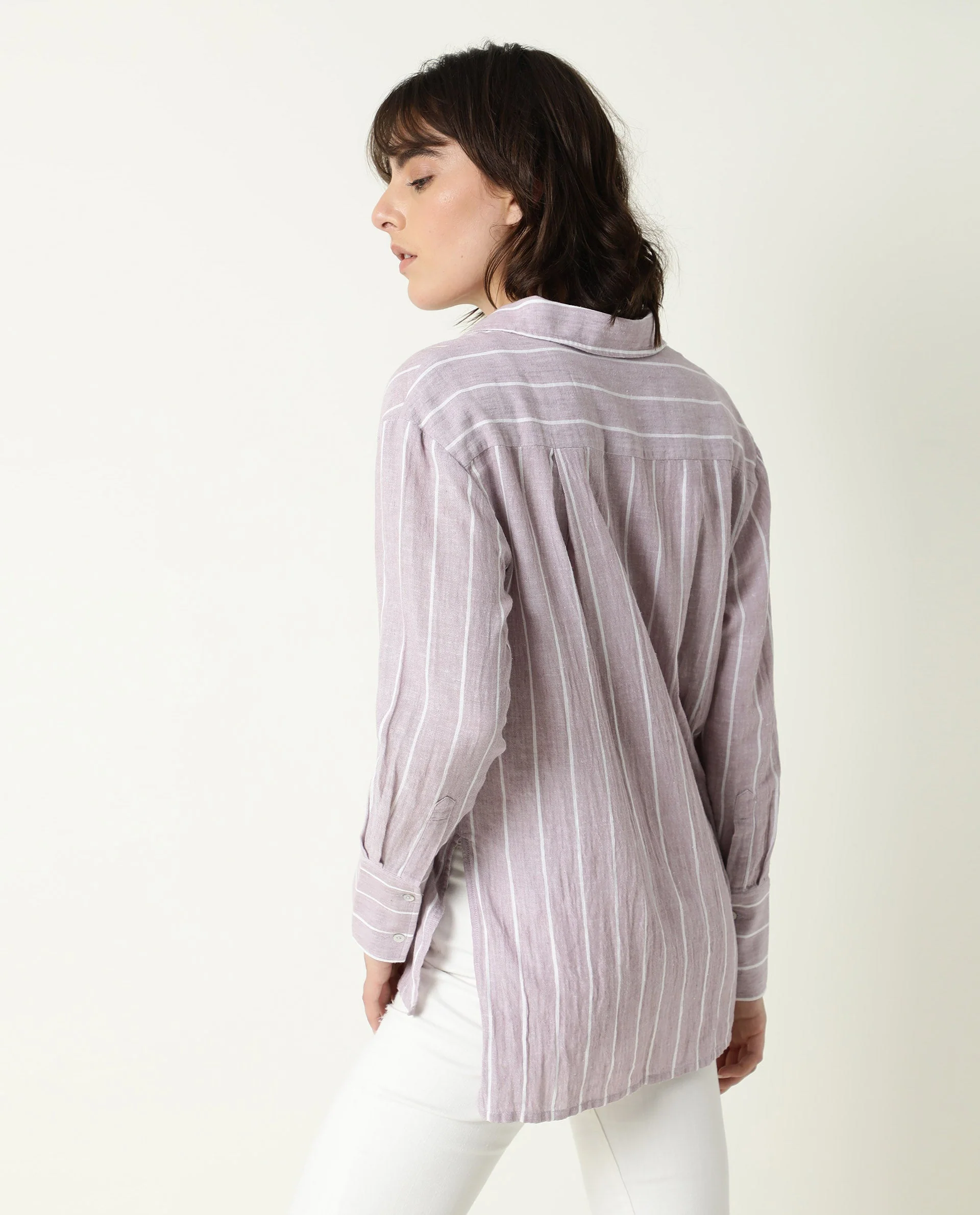 Rareism Women's Vrish Purple Linen Spread Collar Striped Cuffed Sleeve Relaxed Fit Top - Image 7