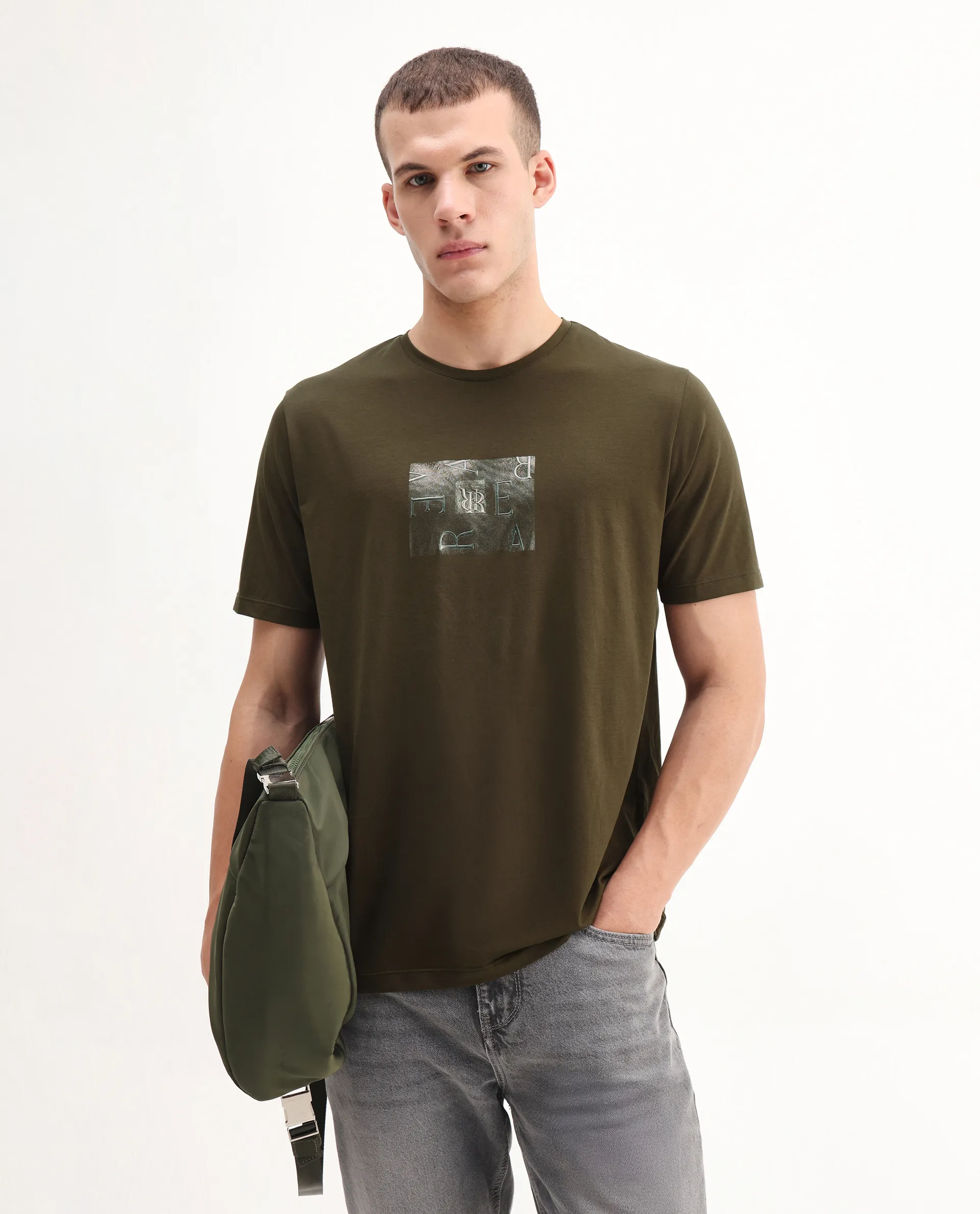 Rare Rabbit Men's Vues Olive Cotton Blend Fabric Half Sleeve Crew Neck Graphic Print T-Shirt