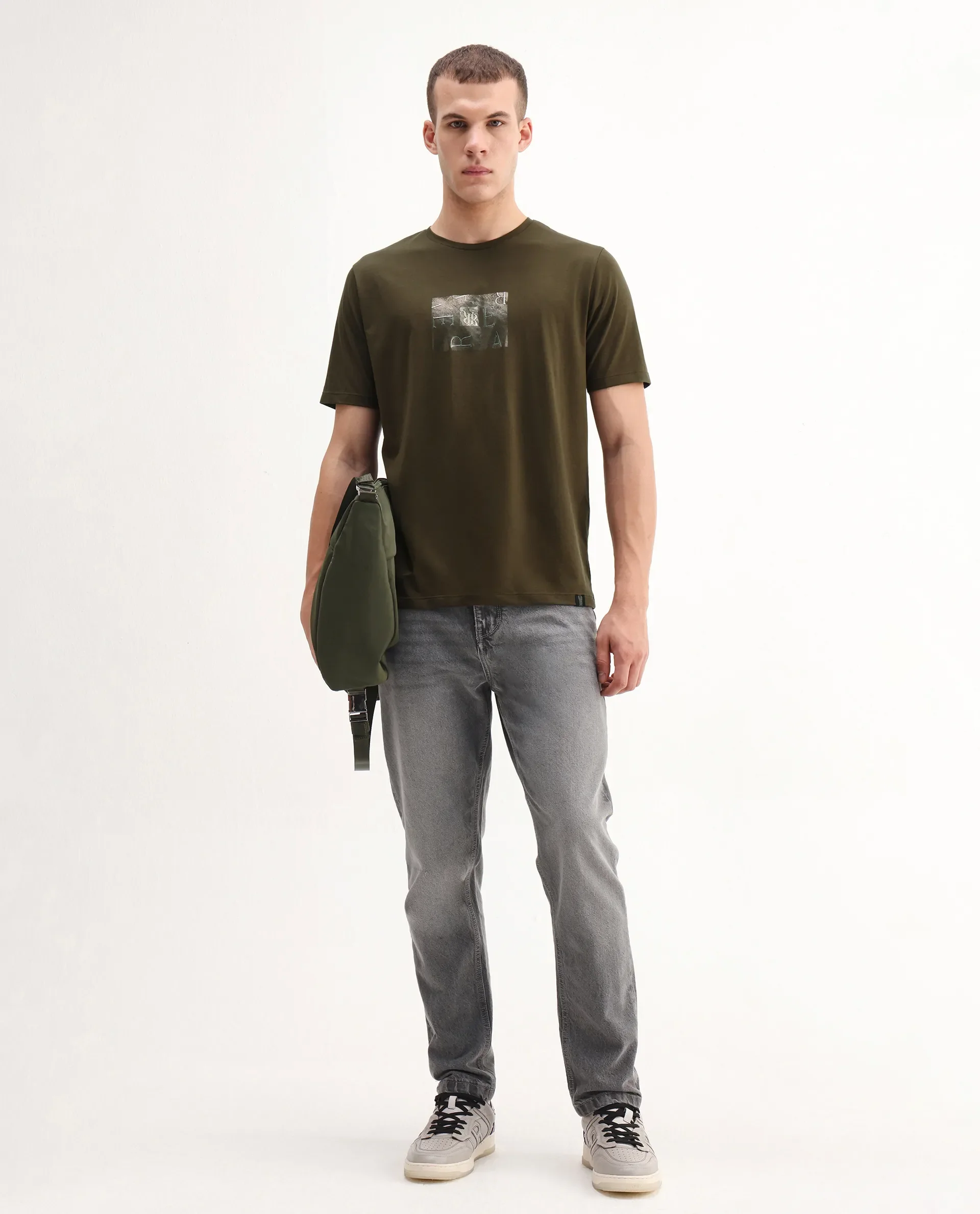 Rare Rabbit Men's Vues Olive Cotton Blend Fabric Half Sleeve Crew Neck Graphic Print T-Shirt - Image 2