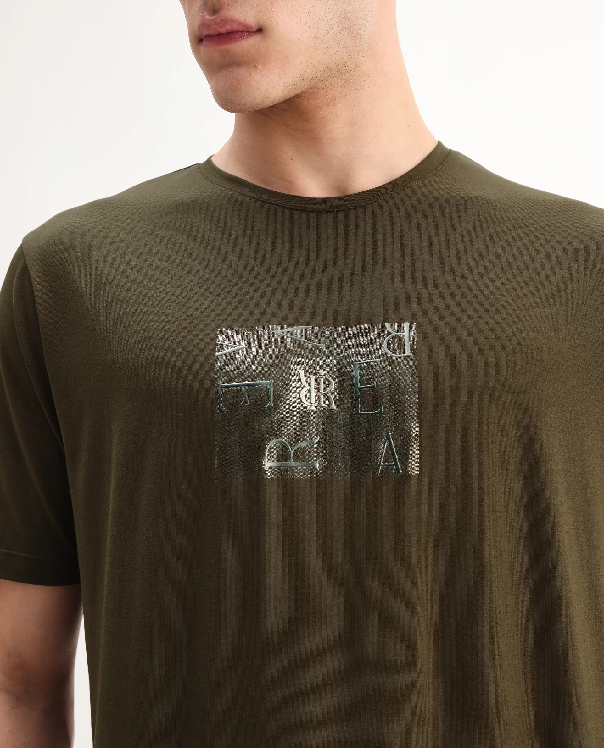 Rare Rabbit Men's Vues Olive Cotton Blend Fabric Half Sleeve Crew Neck Graphic Print T-Shirt - Image 3