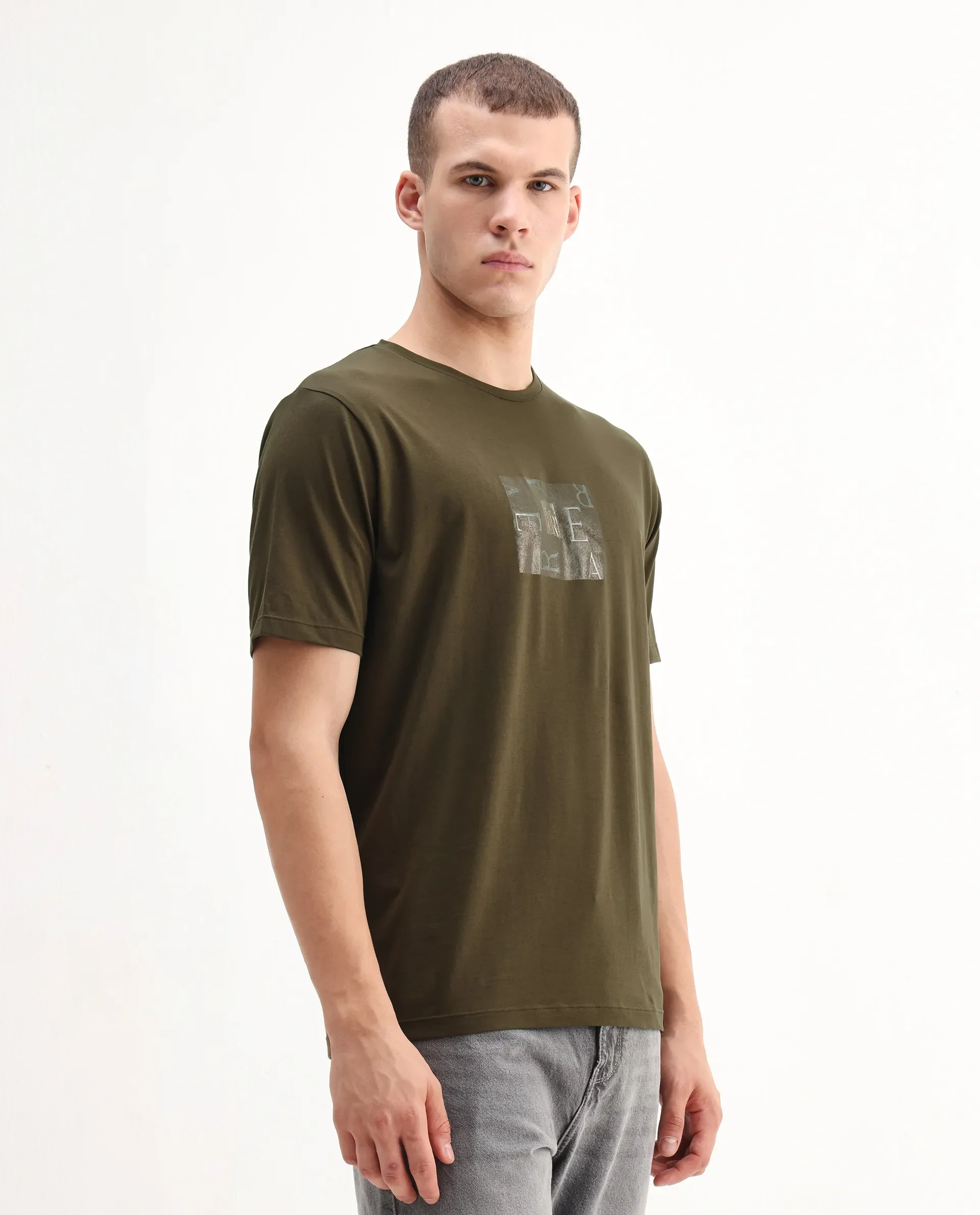 Rare Rabbit Men's Vues Olive Cotton Blend Fabric Half Sleeve Crew Neck Graphic Print T-Shirt - Image 4