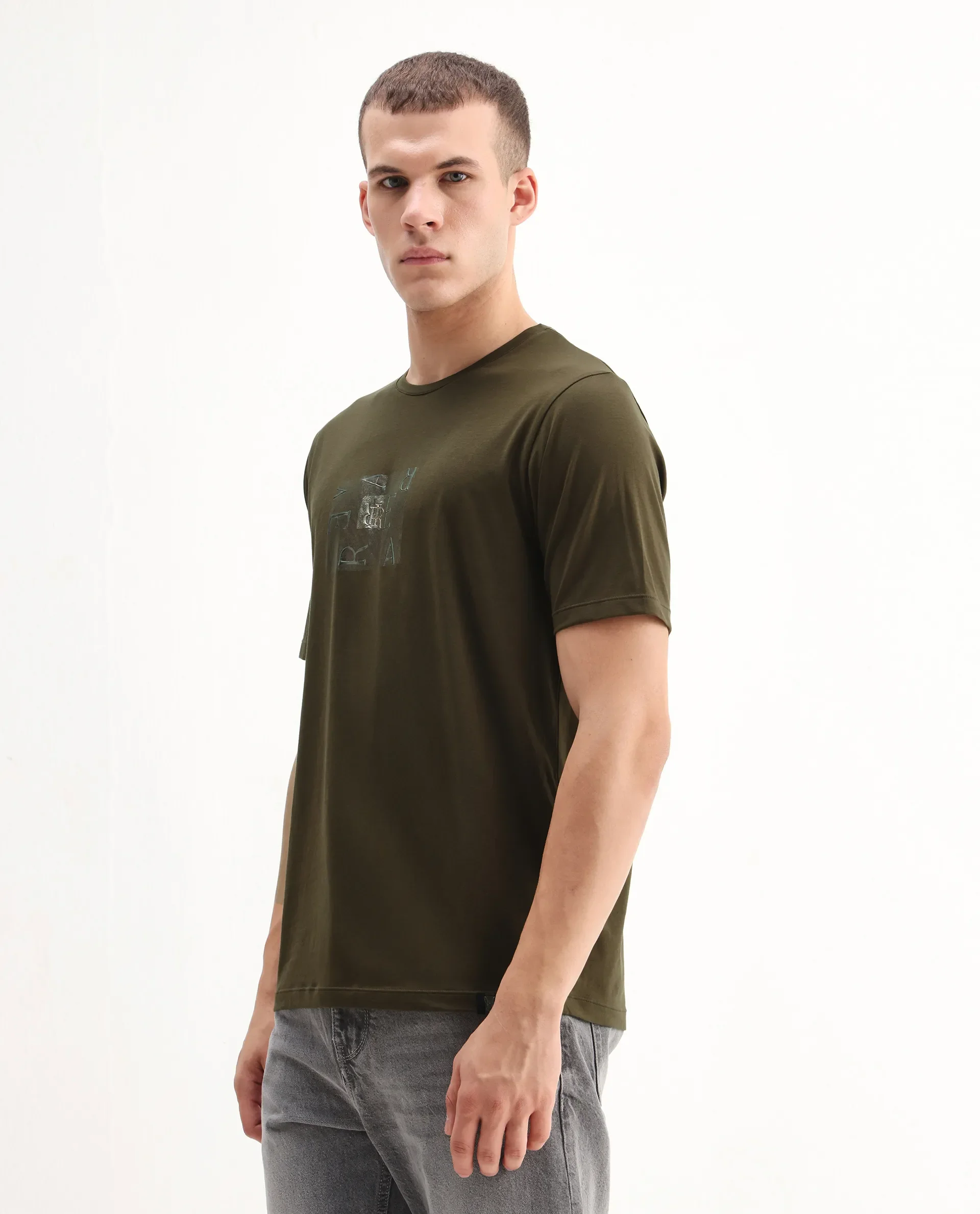 Rare Rabbit Men's Vues Olive Cotton Blend Fabric Half Sleeve Crew Neck Graphic Print T-Shirt - Image 5