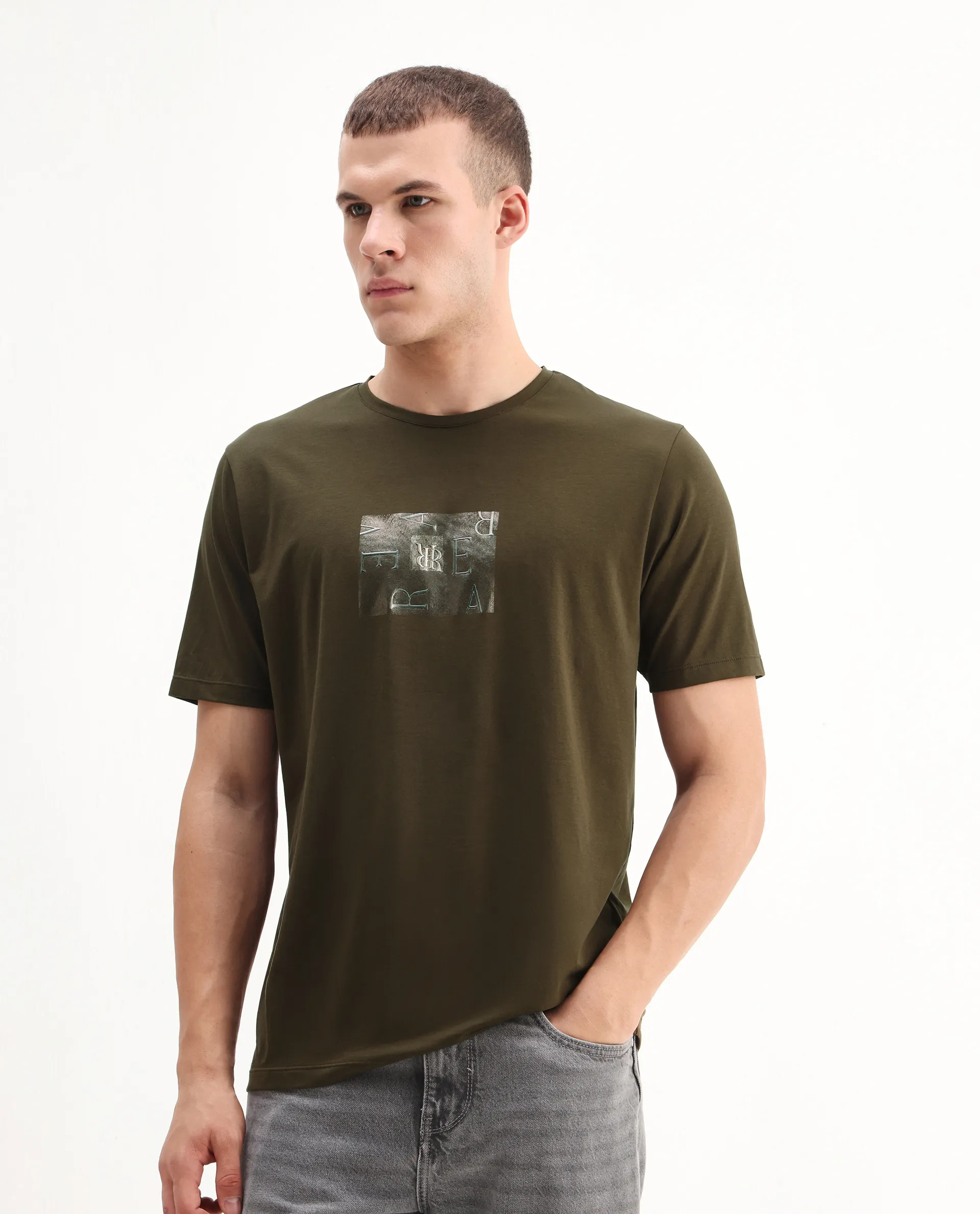 Rare Rabbit Men's Vues Olive Cotton Blend Fabric Half Sleeve Crew Neck Graphic Print T-Shirt - Image 6