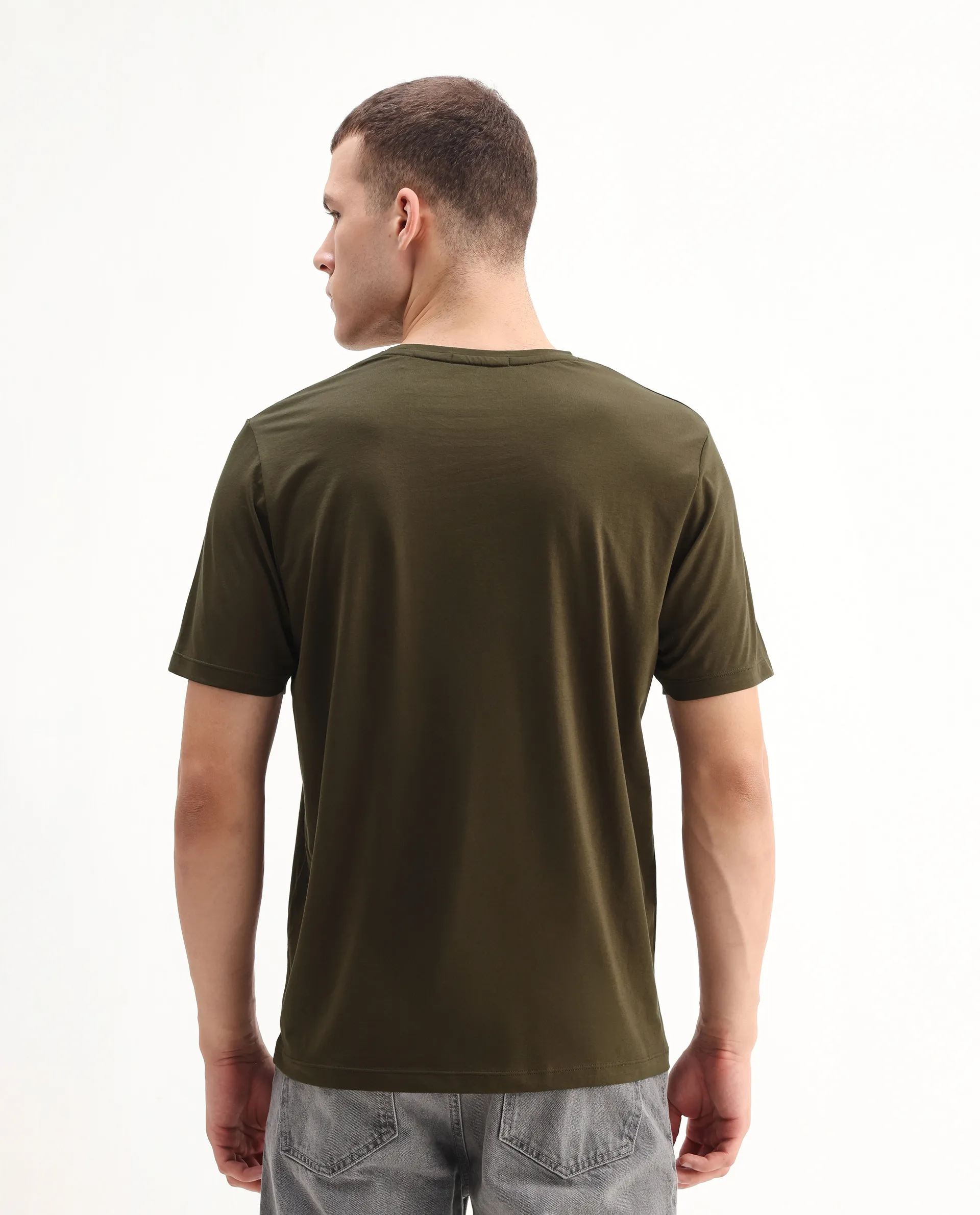 Rare Rabbit Men's Vues Olive Cotton Blend Fabric Half Sleeve Crew Neck Graphic Print T-Shirt - Image 7