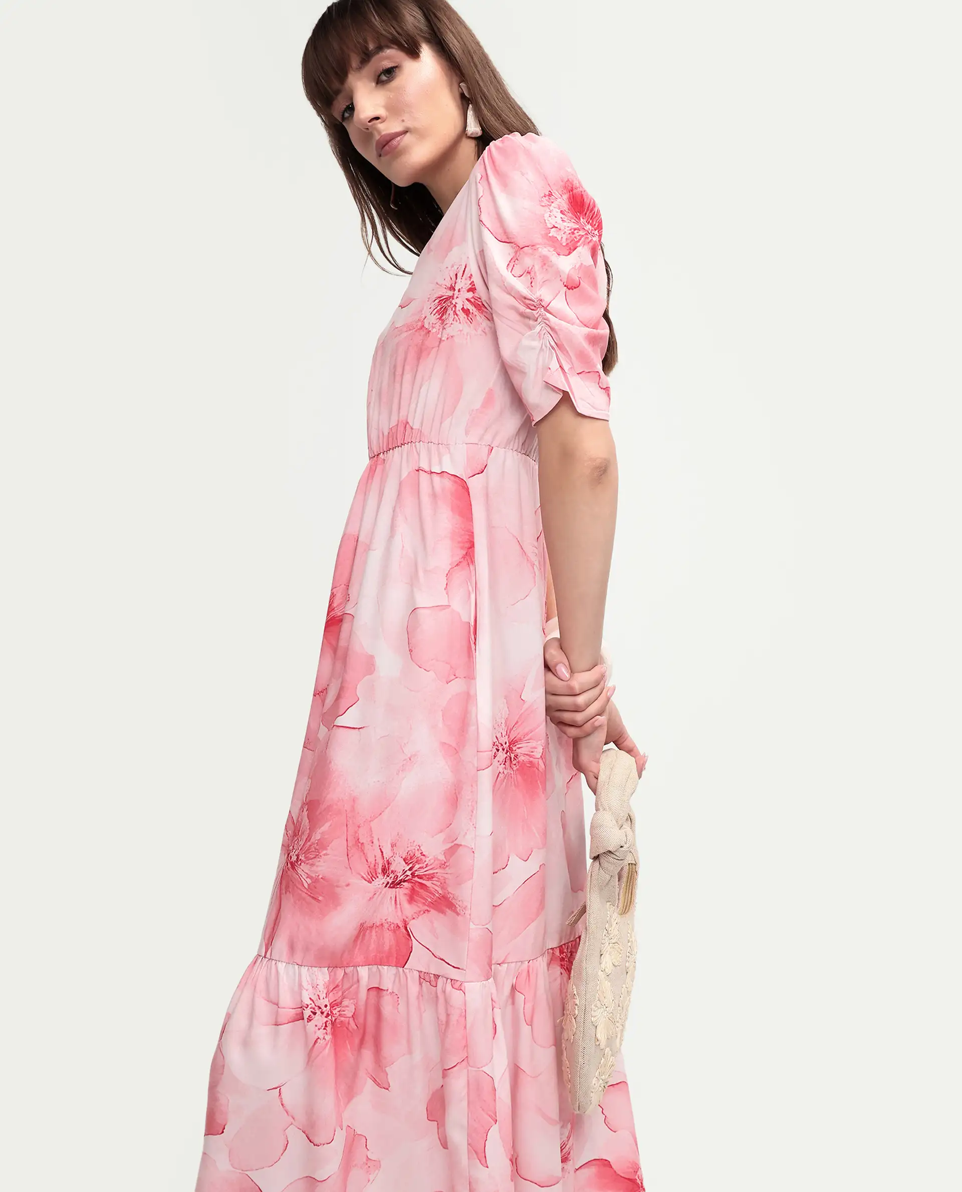 Rareism Women's Vuxo Peach Viscose Half Sleeve V-Neck Fit And Flare Floral Print Dress - Image 2
