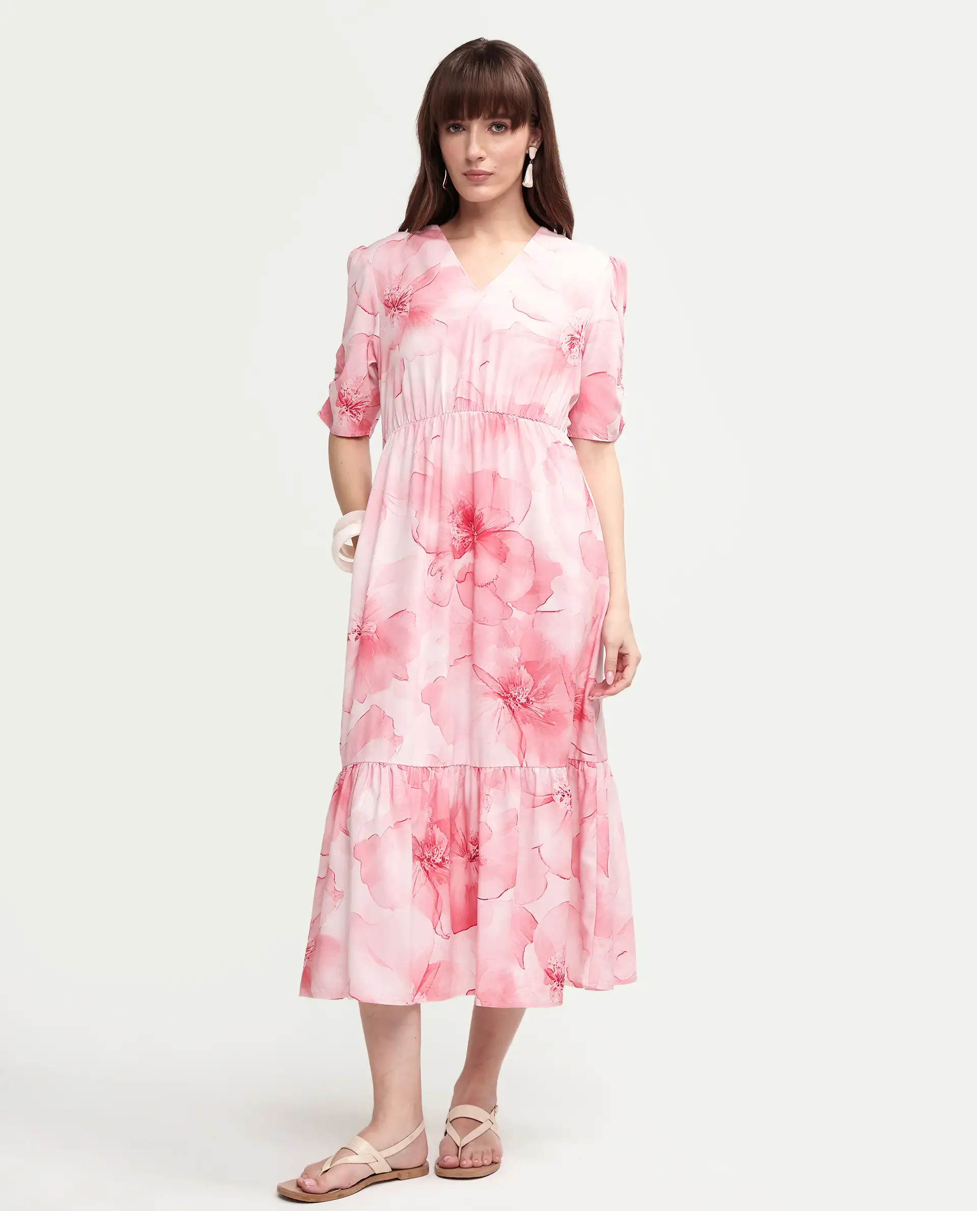Rareism Women's Vuxo Peach Viscose Half Sleeve V-Neck Fit And Flare Floral Print Dress - Image 3