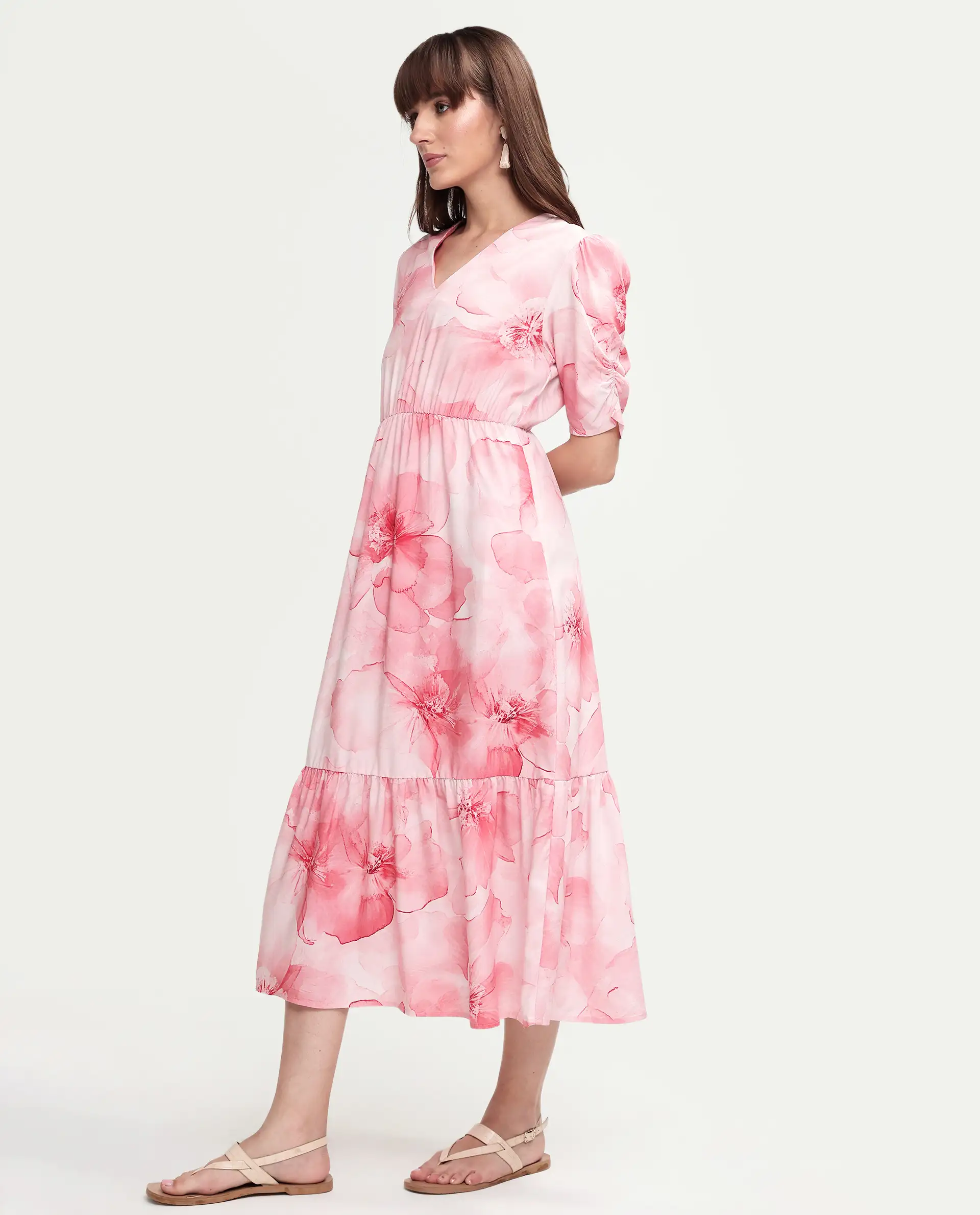 Rareism Women's Vuxo Peach Viscose Half Sleeve V-Neck Fit And Flare Floral Print Dress - Image 4
