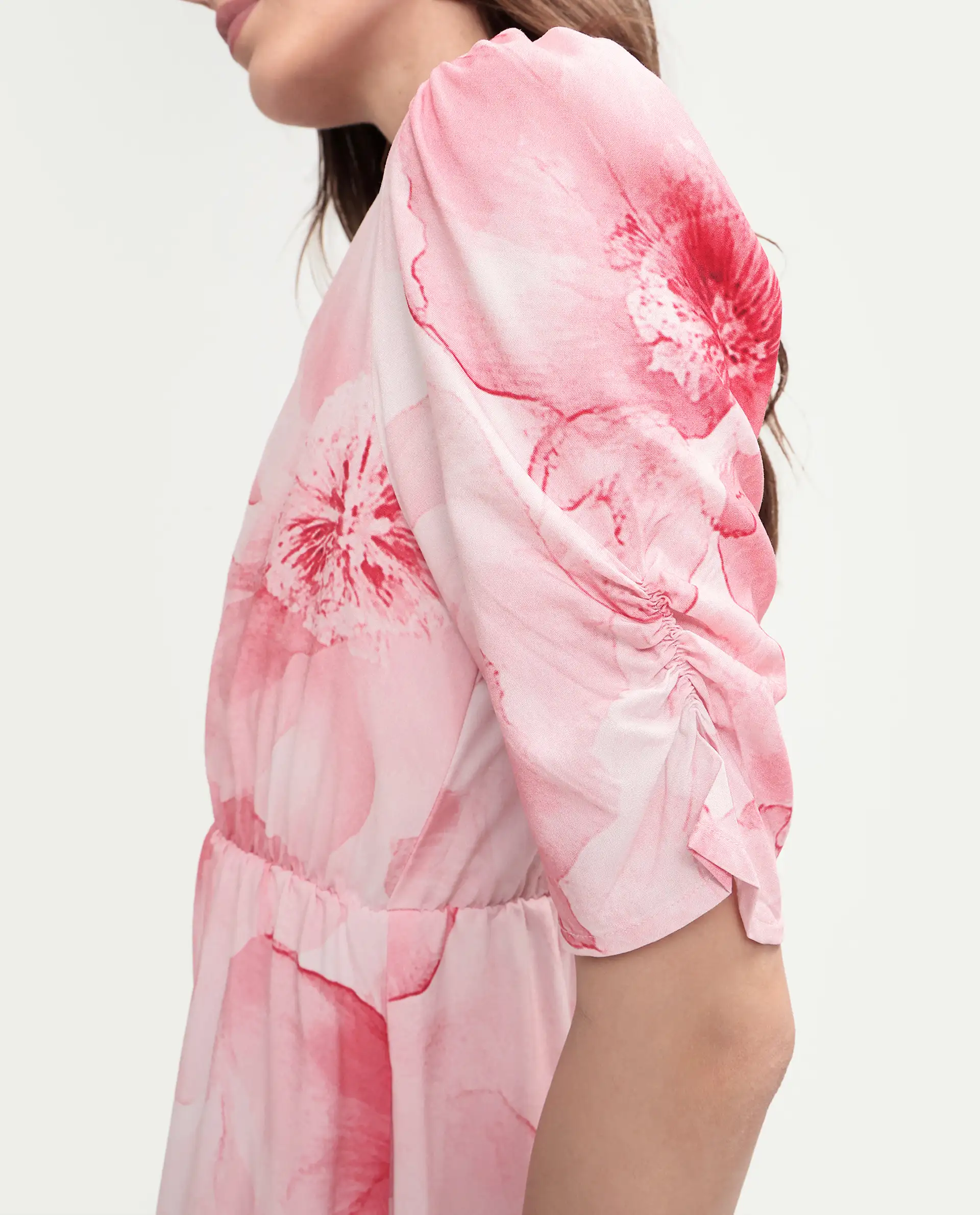 Rareism Women's Vuxo Peach Viscose Half Sleeve V-Neck Fit And Flare Floral Print Dress - Image 7