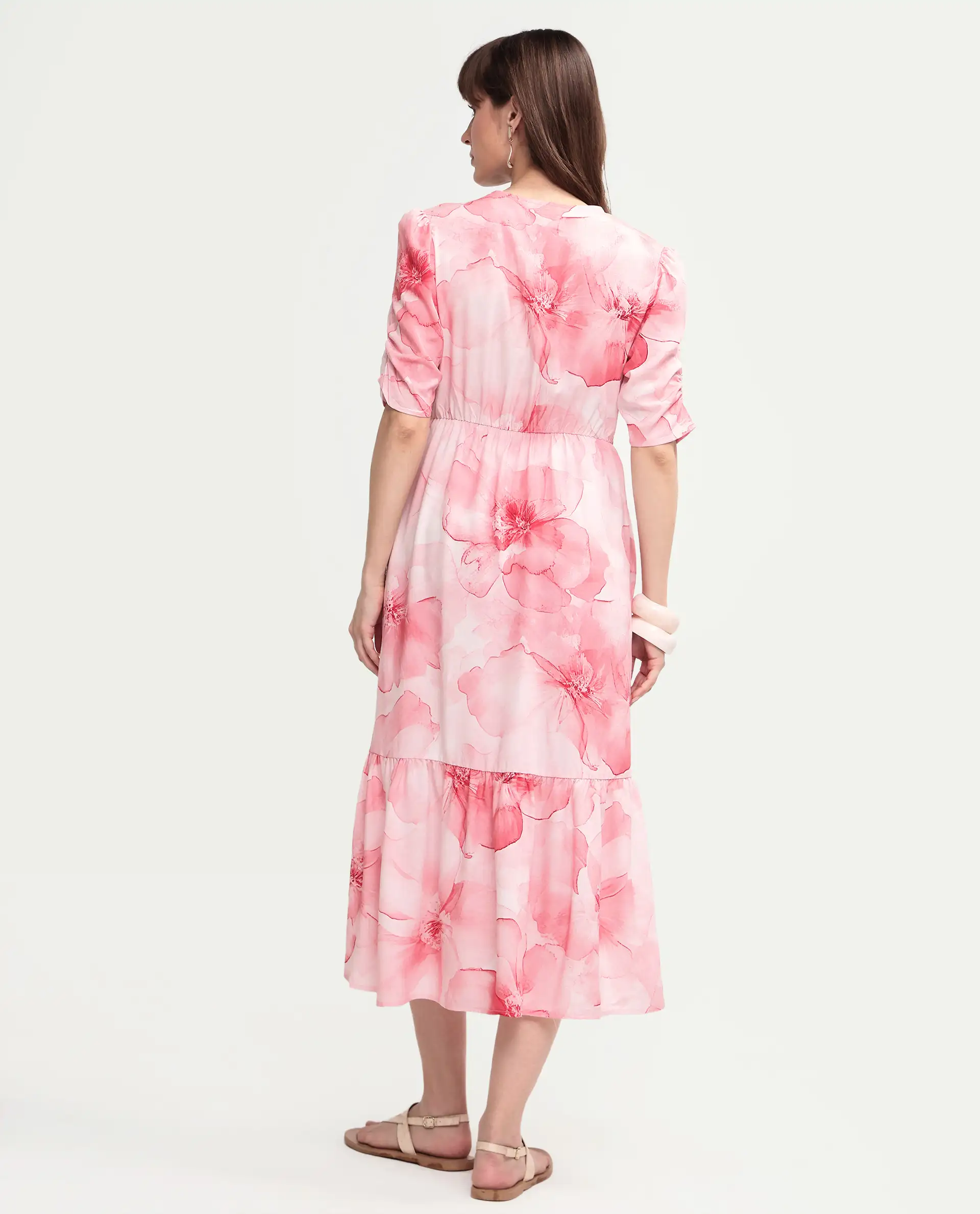 Rareism Women's Vuxo Peach Viscose Half Sleeve V-Neck Fit And Flare Floral Print Dress - Image 8