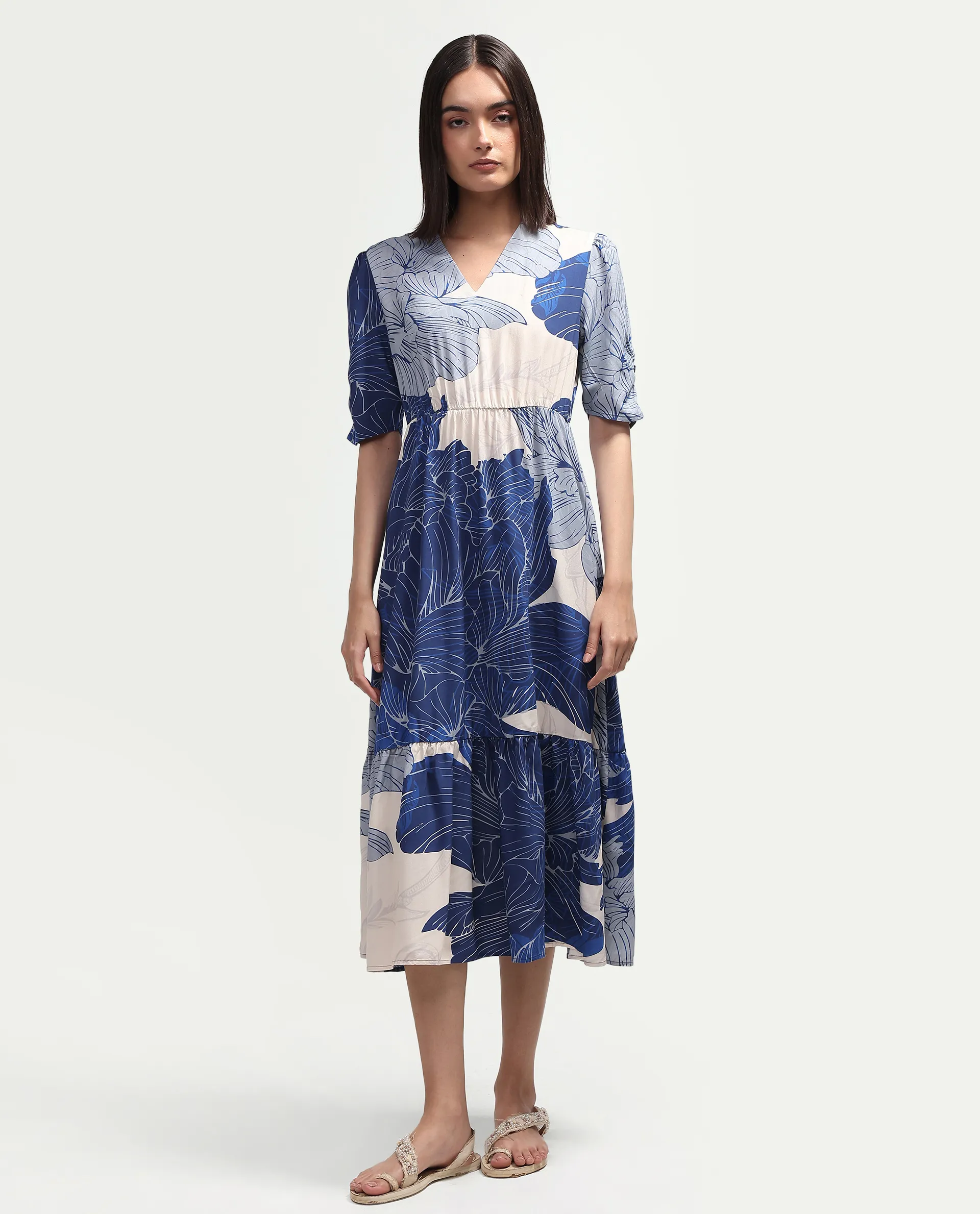 Rareism Women's Vuxon Blue Viscose V-Neck Fit And Flare Floral Print Dress - Image 3