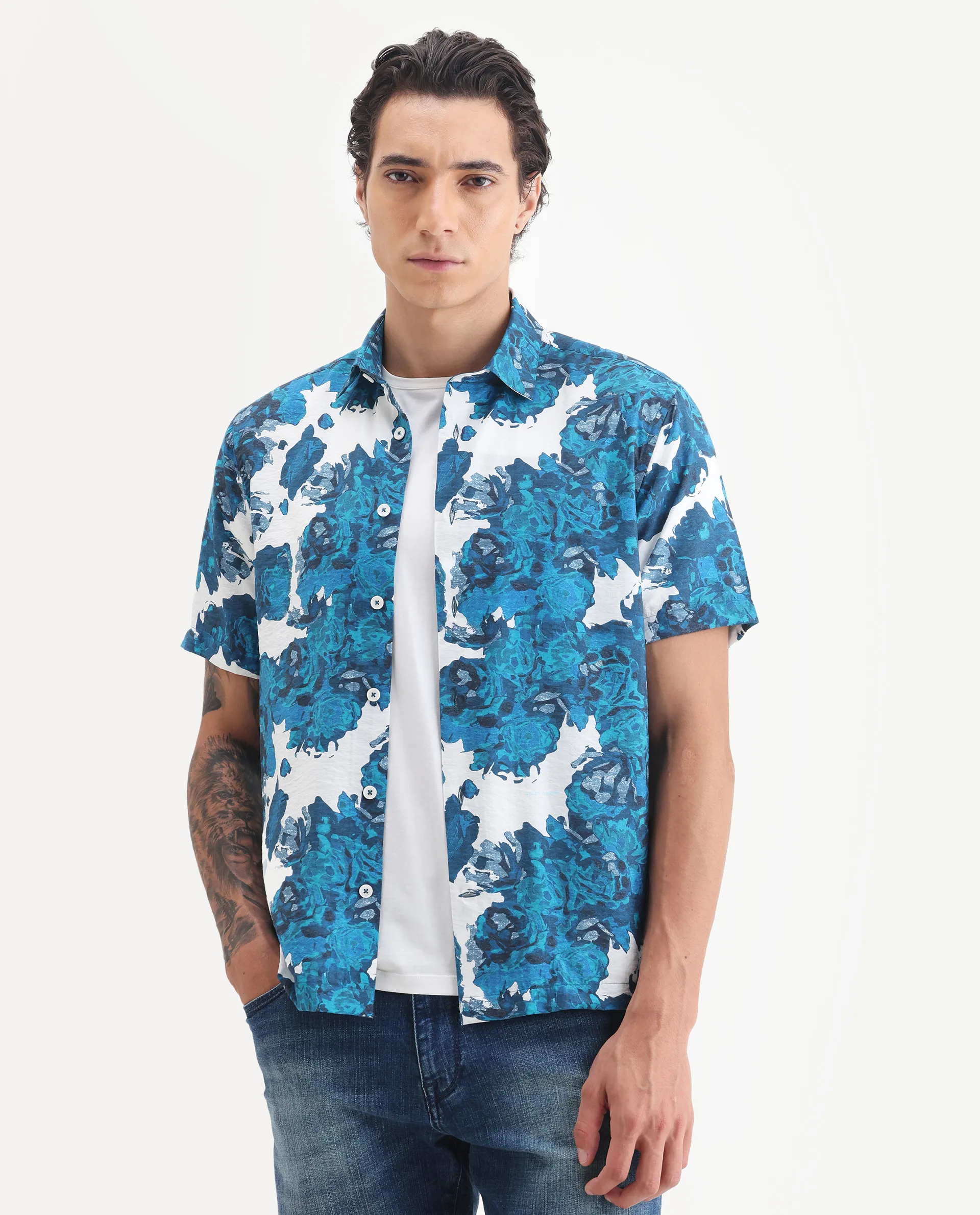 Rare Rabbit Men's Vyla Blue Viscose Fabric Collared Neck Regular Abstract Print Shirt