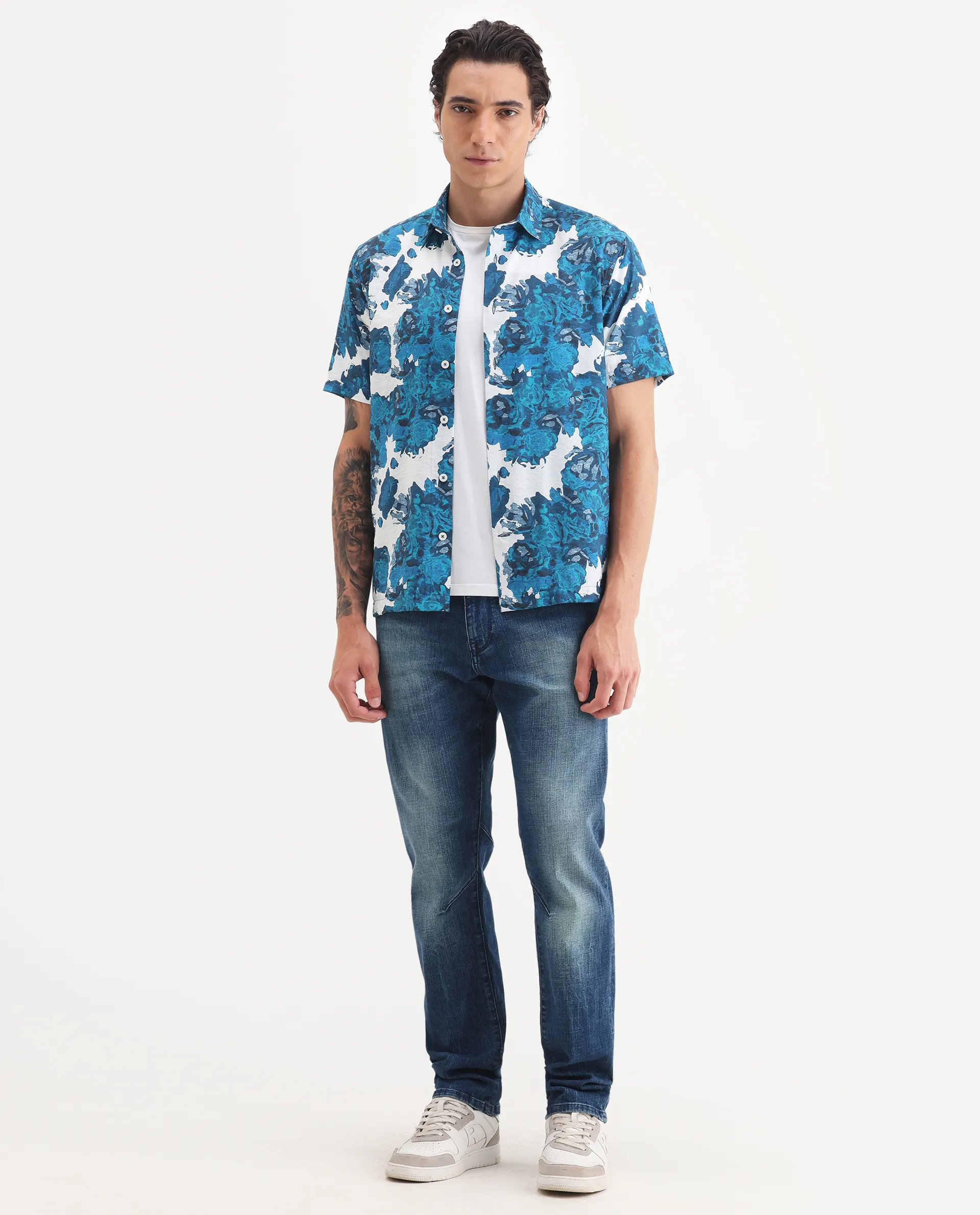Rare Rabbit Men's Vyla Blue Viscose Fabric Collared Neck Regular Abstract Print Shirt - Image 2