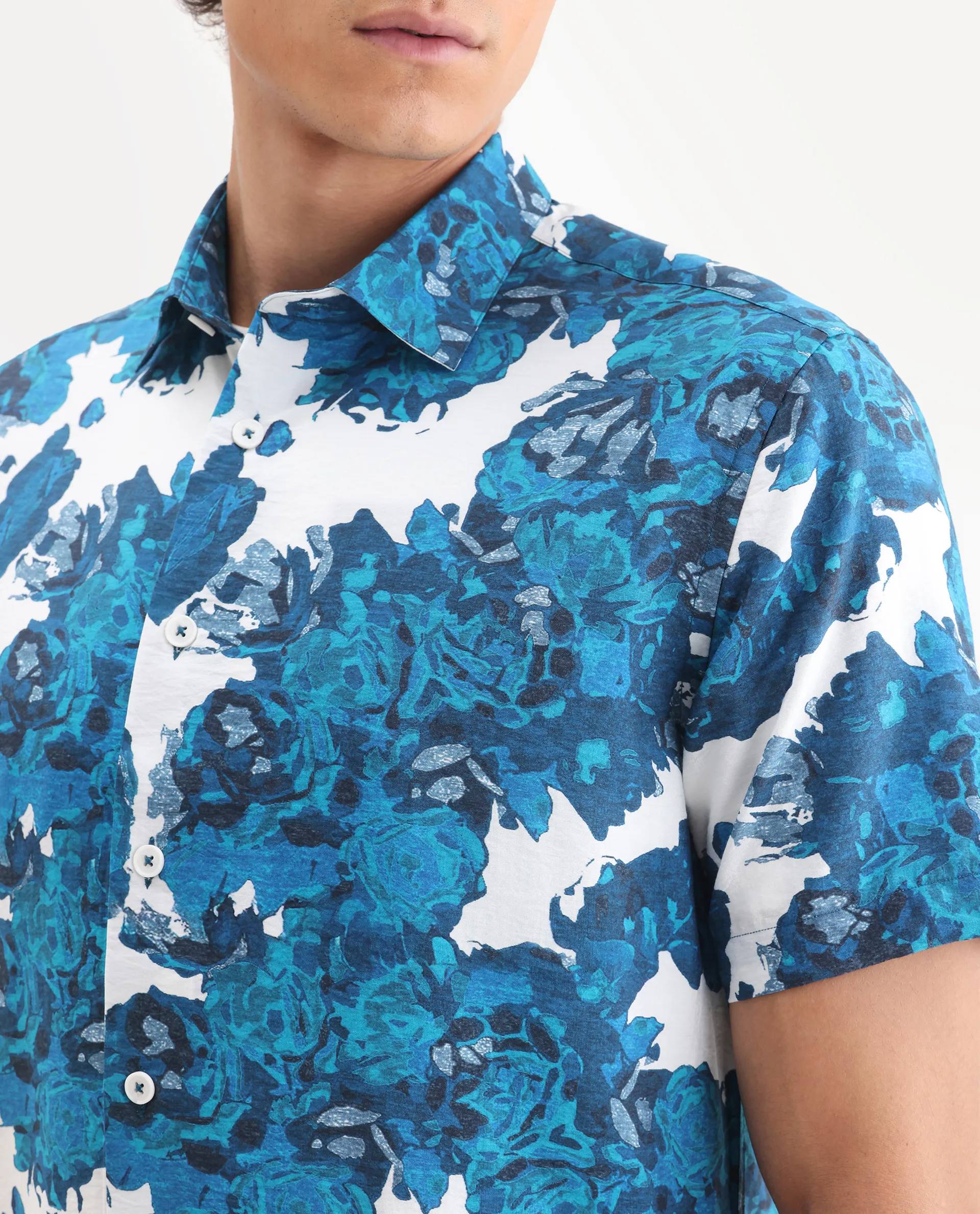 Rare Rabbit Men's Vyla Blue Viscose Fabric Collared Neck Regular Abstract Print Shirt - Image 3