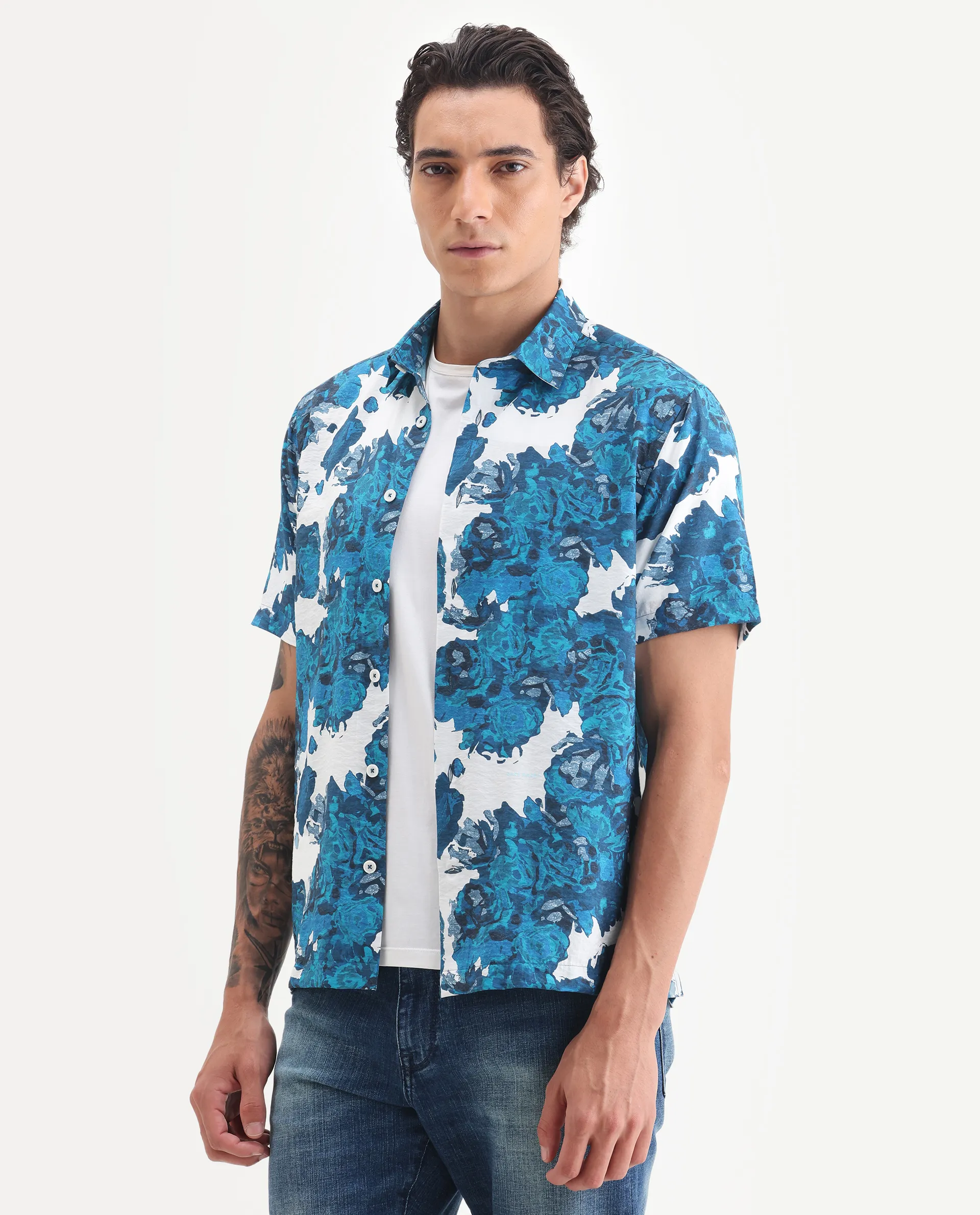 Rare Rabbit Men's Vyla Blue Viscose Fabric Collared Neck Regular Abstract Print Shirt - Image 4