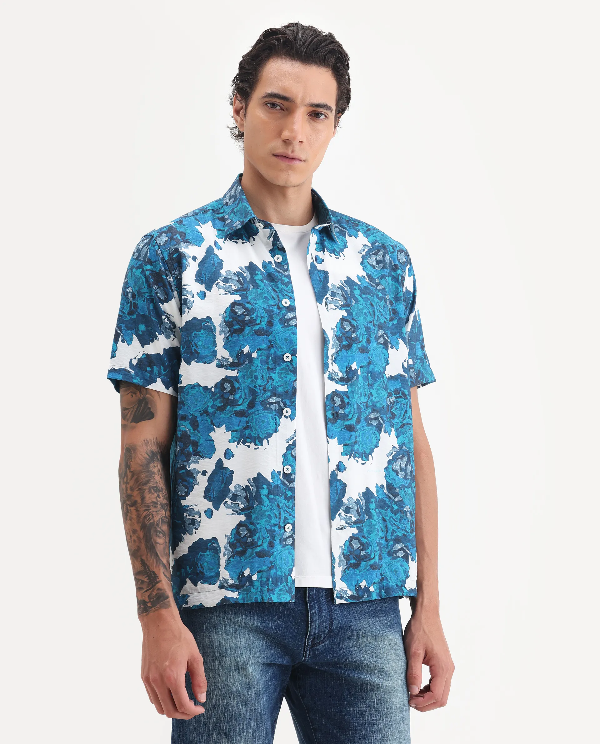 Rare Rabbit Men's Vyla Blue Viscose Fabric Collared Neck Regular Abstract Print Shirt - Image 5