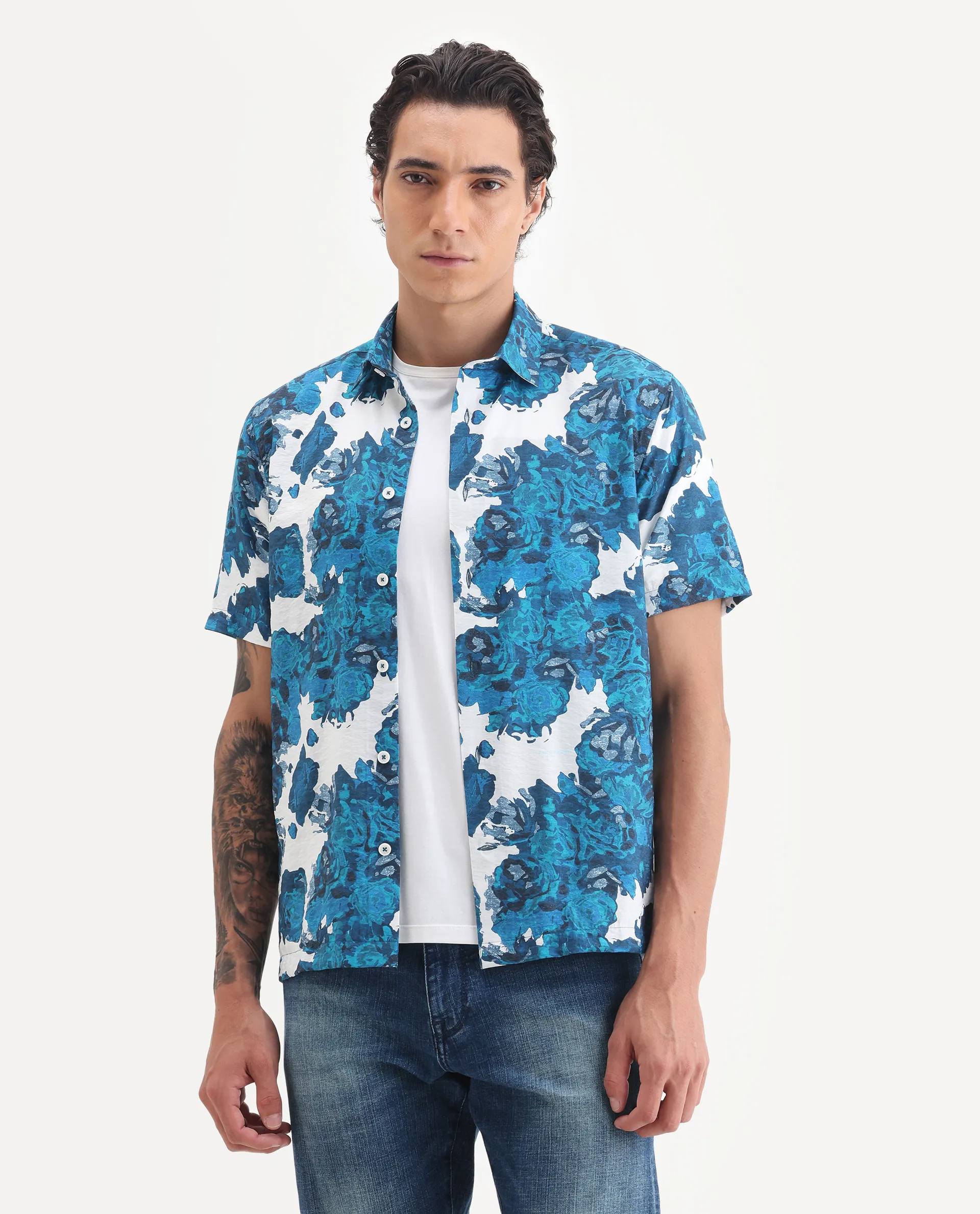 Rare Rabbit Men's Vyla Blue Viscose Fabric Collared Neck Regular Abstract Print Shirt - Image 6