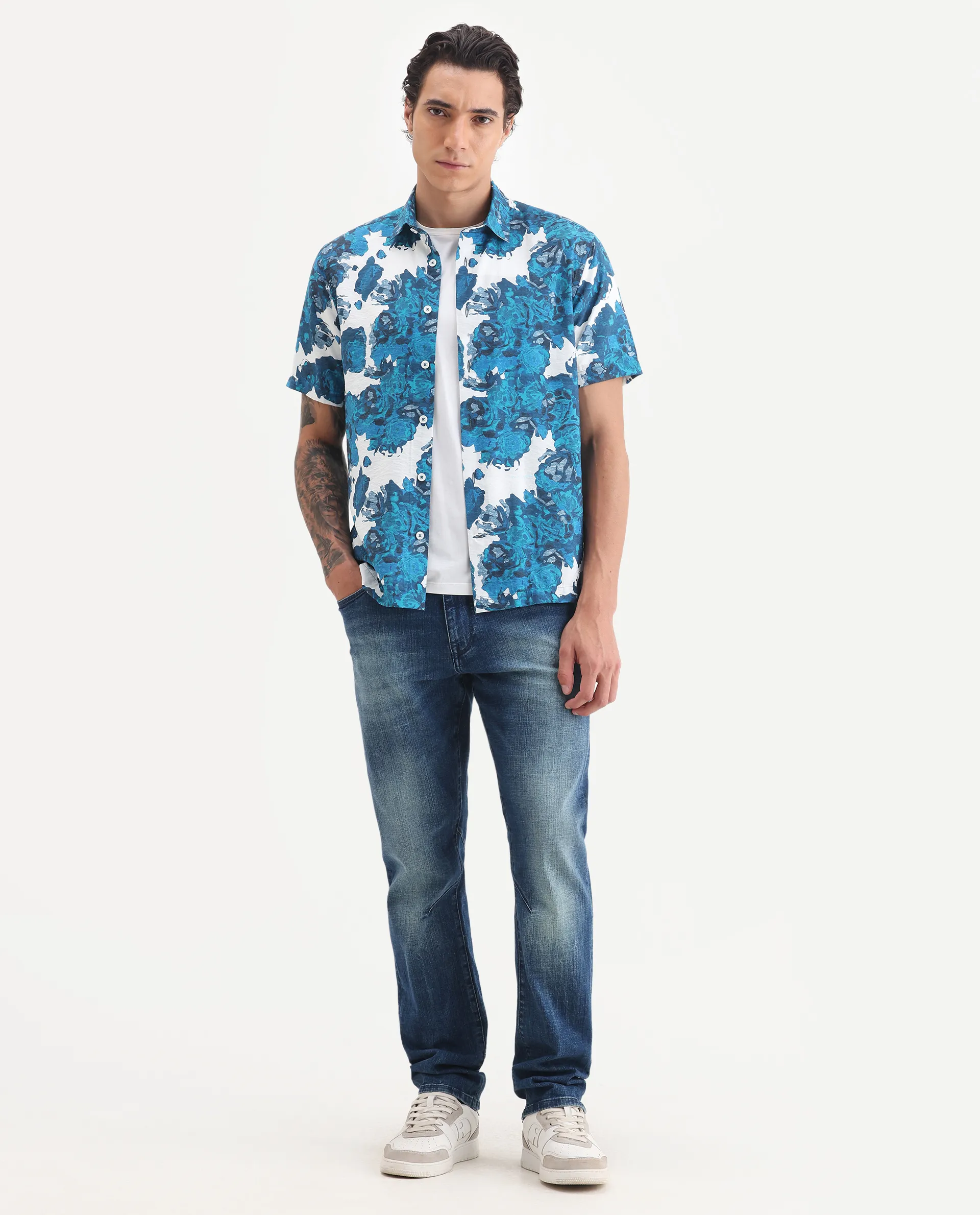 Rare Rabbit Men's Vyla Blue Viscose Fabric Collared Neck Regular Abstract Print Shirt - Image 7