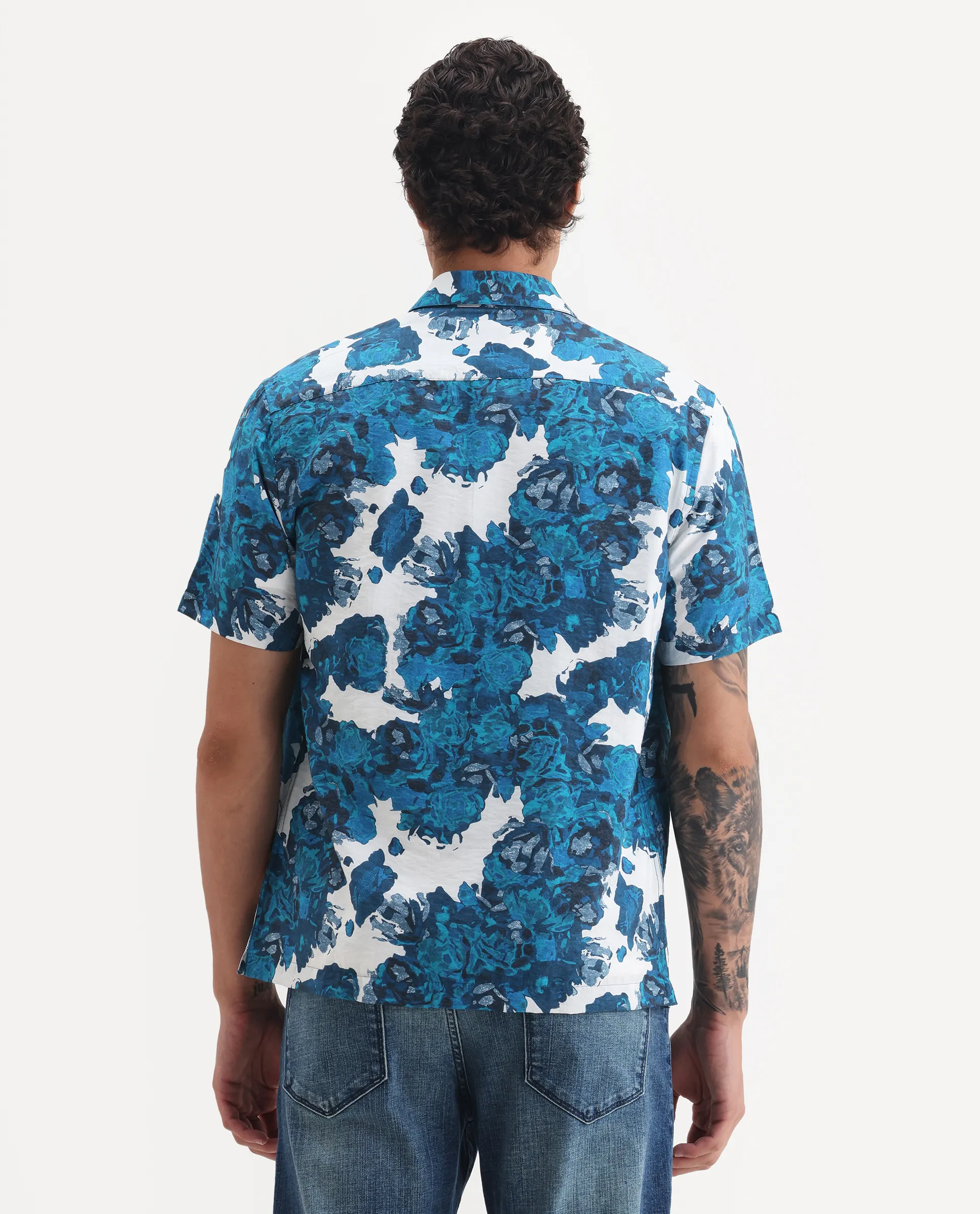 Rare Rabbit Men's Vyla Blue Viscose Fabric Collared Neck Regular Abstract Print Shirt - Image 8