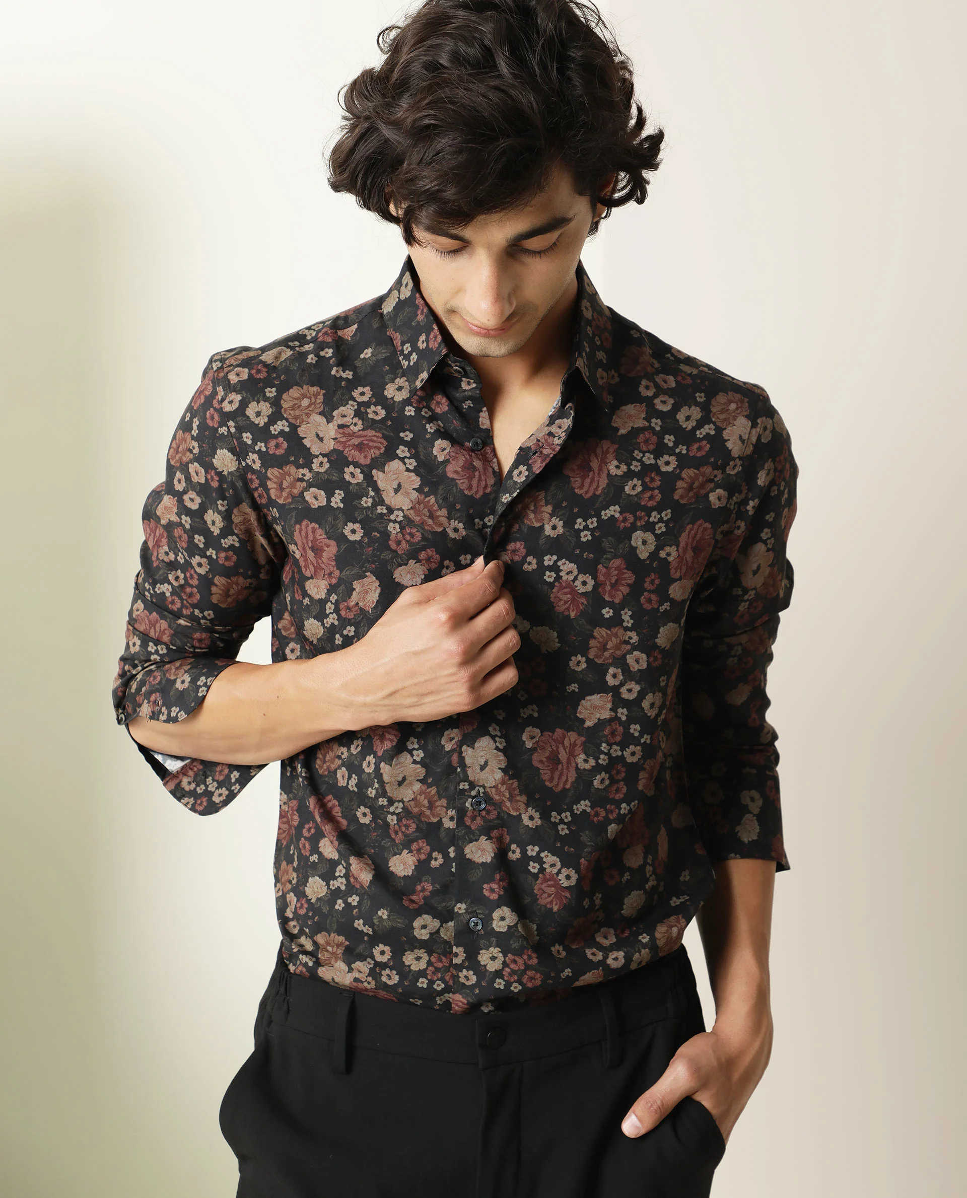 Rare Rabbit Men's Vynill Black Viscose Floral Print Regular Fit Full Sleeve Collared Shirt - Image 3